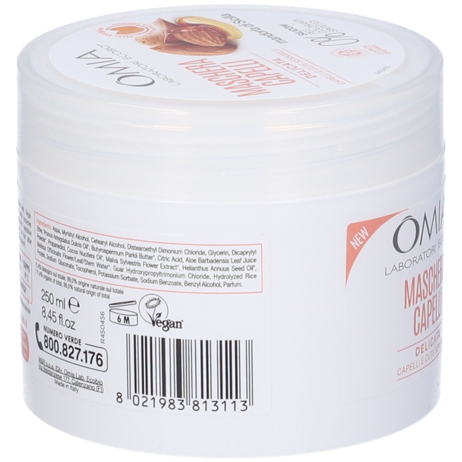 Vaso bianco, vista laterale. Testo: OMIA Maschera Capelli. Ingredienti ed etichetta Vegan.