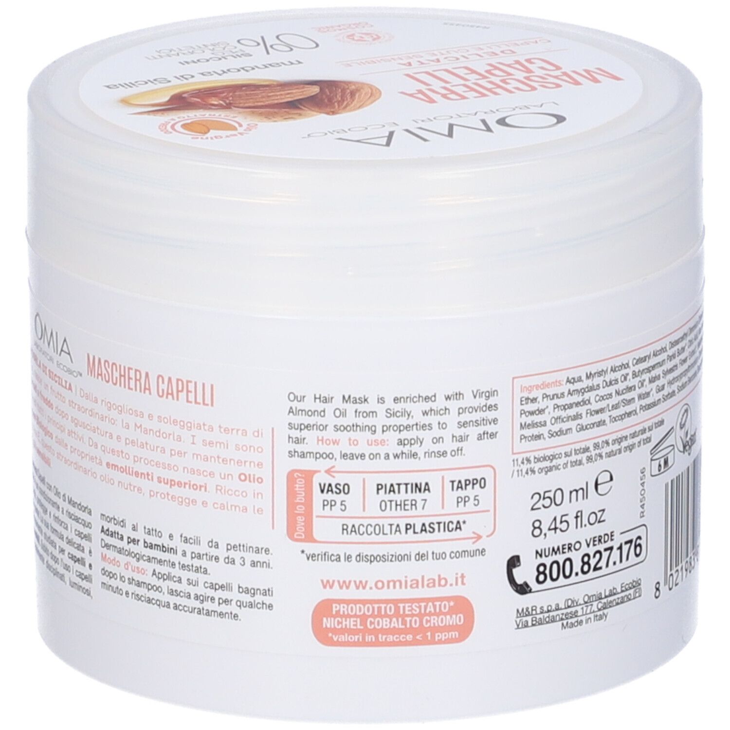 Vaso bianco, retro. Testo: OMIA Maschera Capelli. Ingredienti e informazioni di contatto.