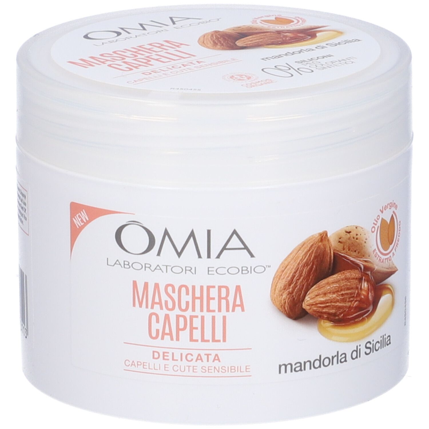 Vaso bianco OMIA Maschera Capelli. Immagine di mandorle. Testo: mandorla di Sicilia.