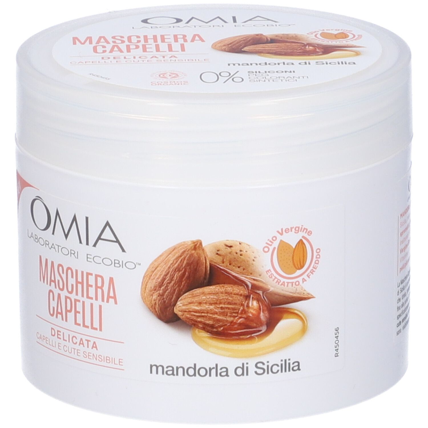 Vaso bianco OMIA Maschera Capelli. Immagine di mandorle. Testo: mandorla di Sicilia.
