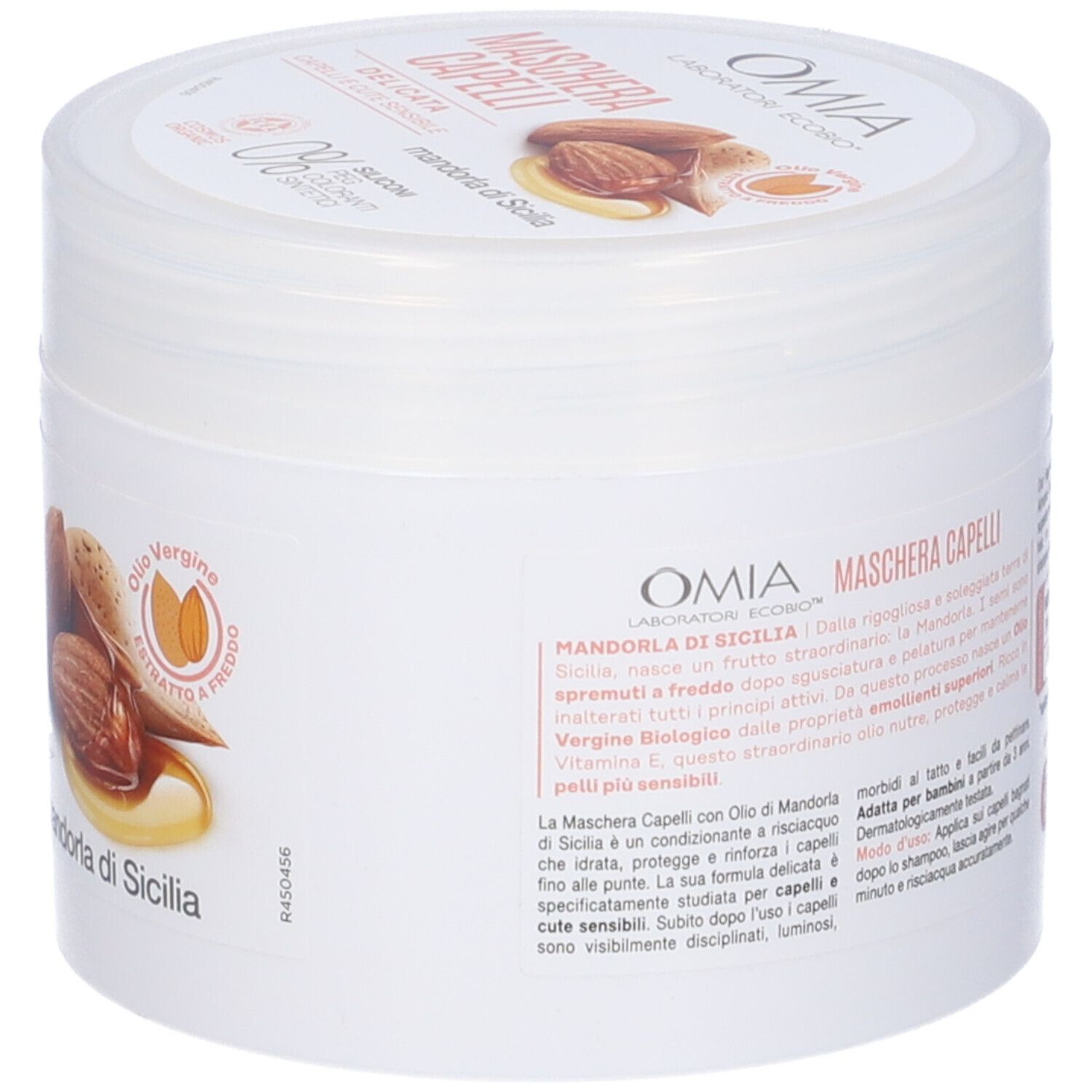 Vaso bianco OMIA Maschera Capelli. Testo: mandorla di Sicilia. Immagine di mandorle.