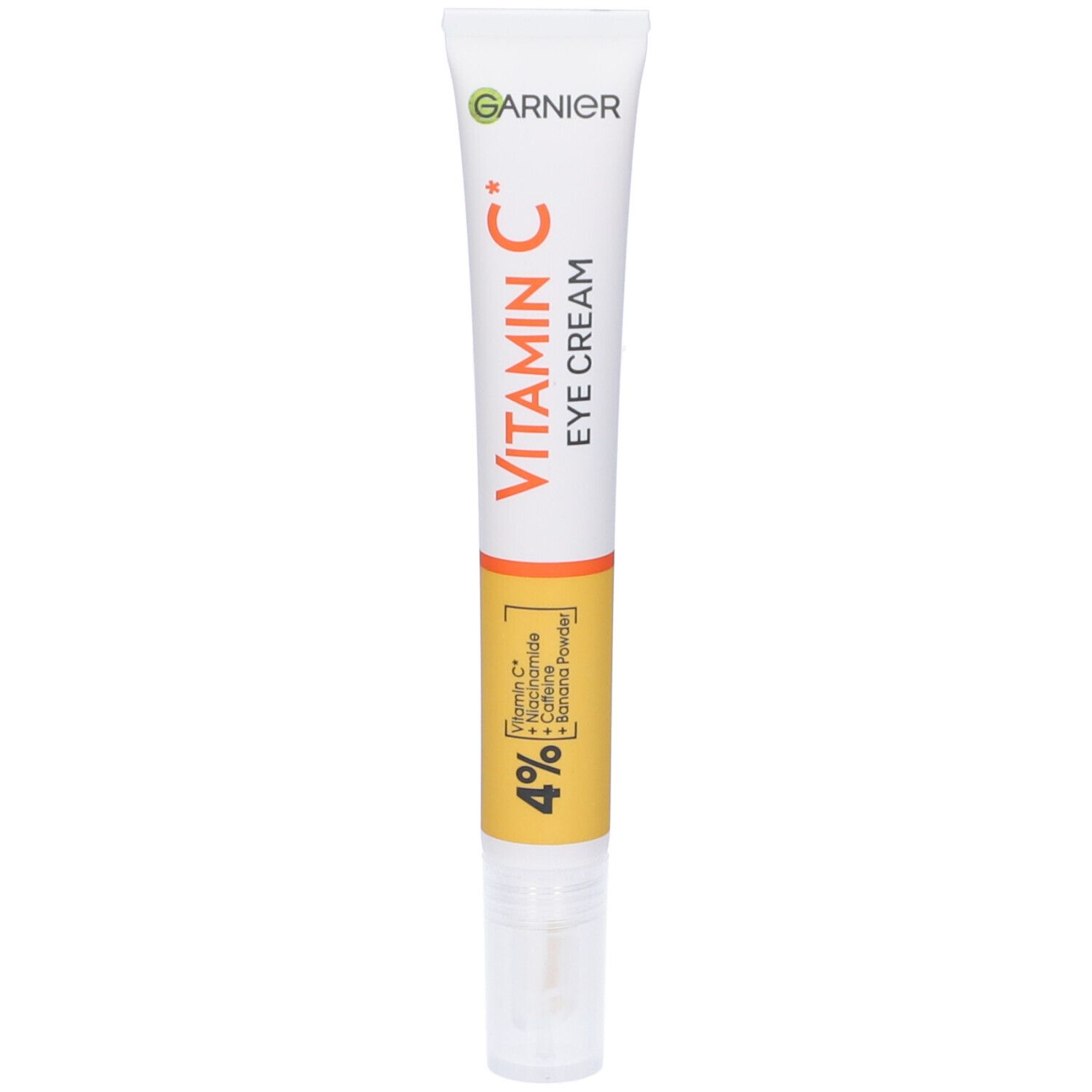 Tubo bianco-arancione Garnier Vitamin C Eye Cream. Contiene il 4% di ingredienti. Con applicatore.