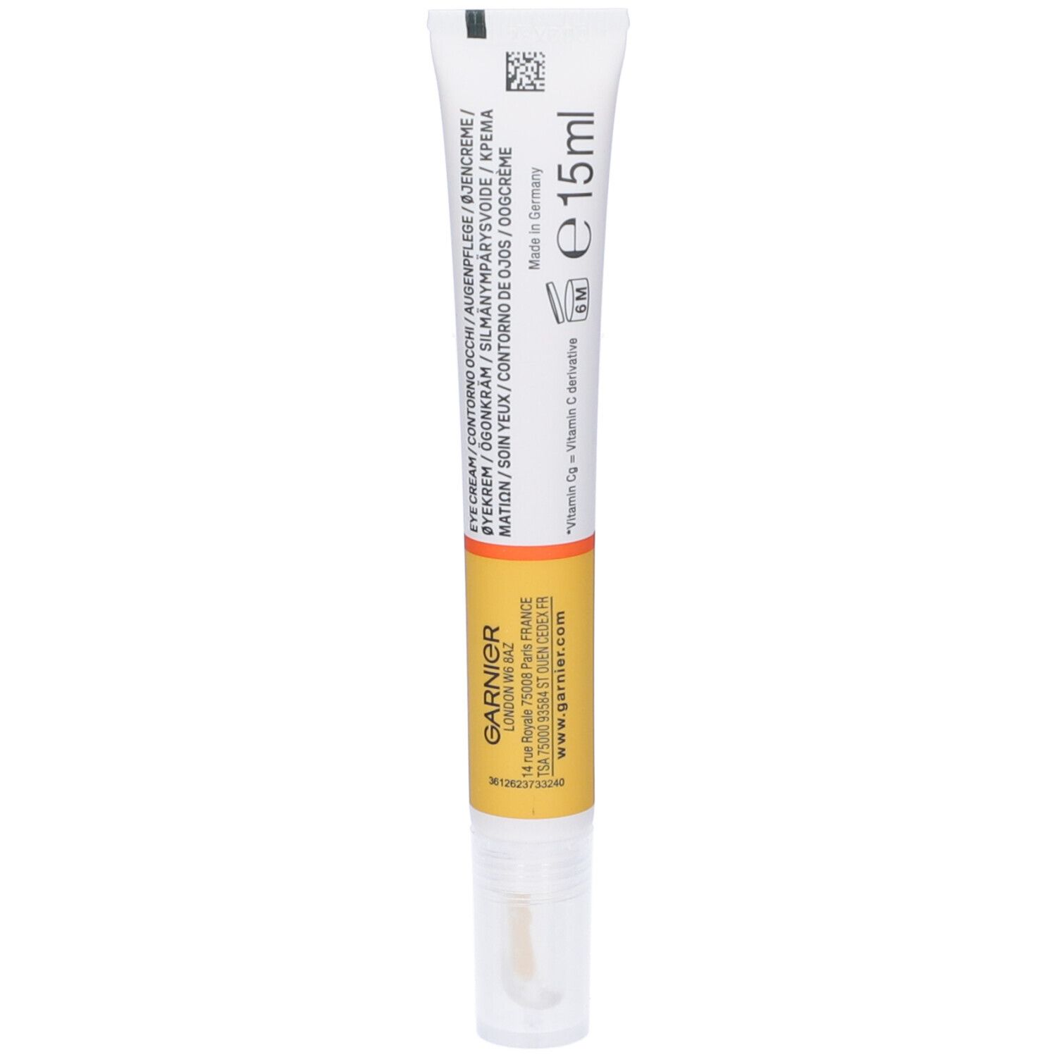 Retro del tubo. Testo multilingue. Contiene 15 ml. Con informazioni sulla produzione e sulla durata.