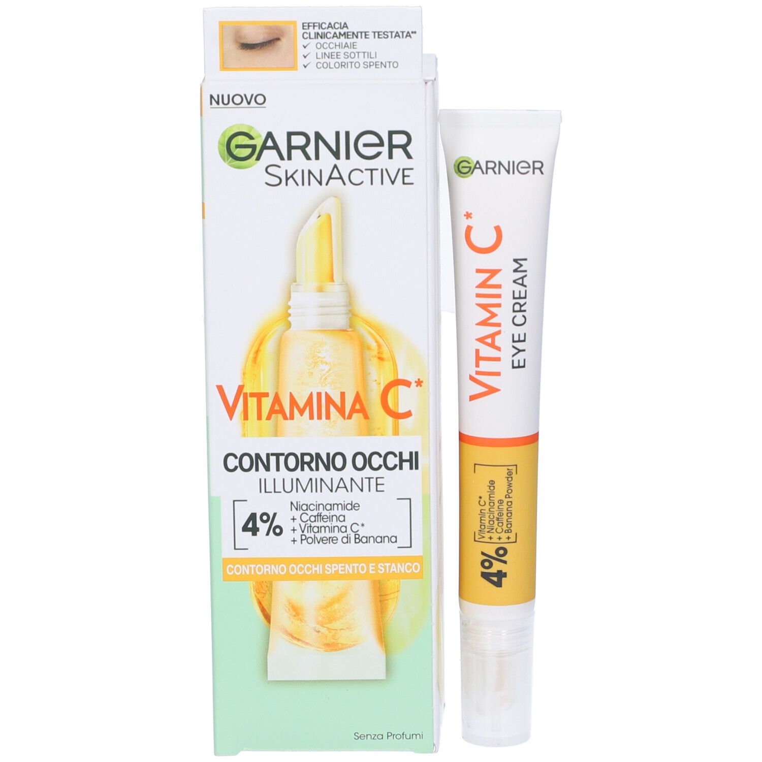 Garnier Skinactive Vitamin C Contorno Occhi Illuminante e tubo. Confezione con immagine del prodotto.