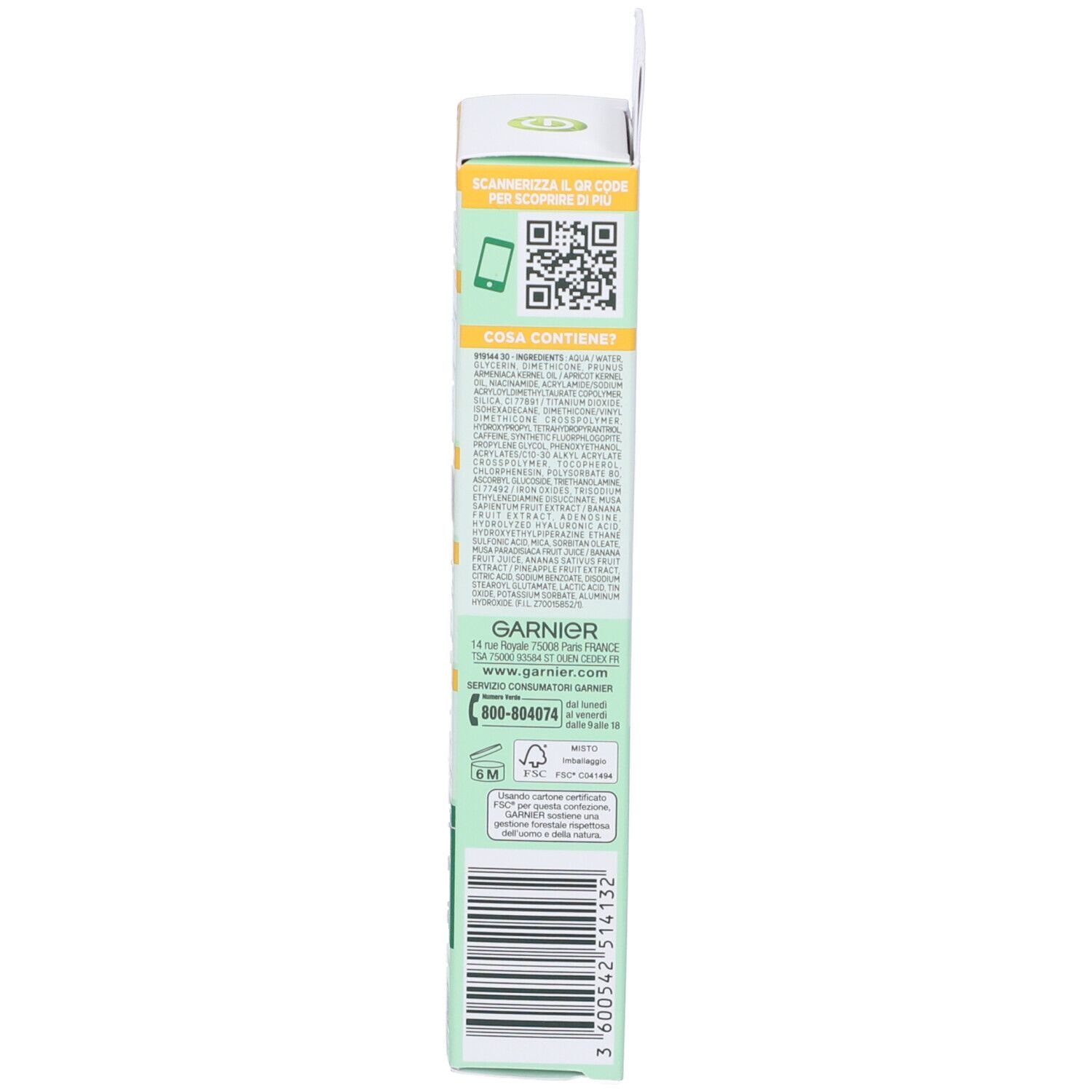 Lato della confezione. Codice QR e testo. Logo Garnier e informazioni di contatto.