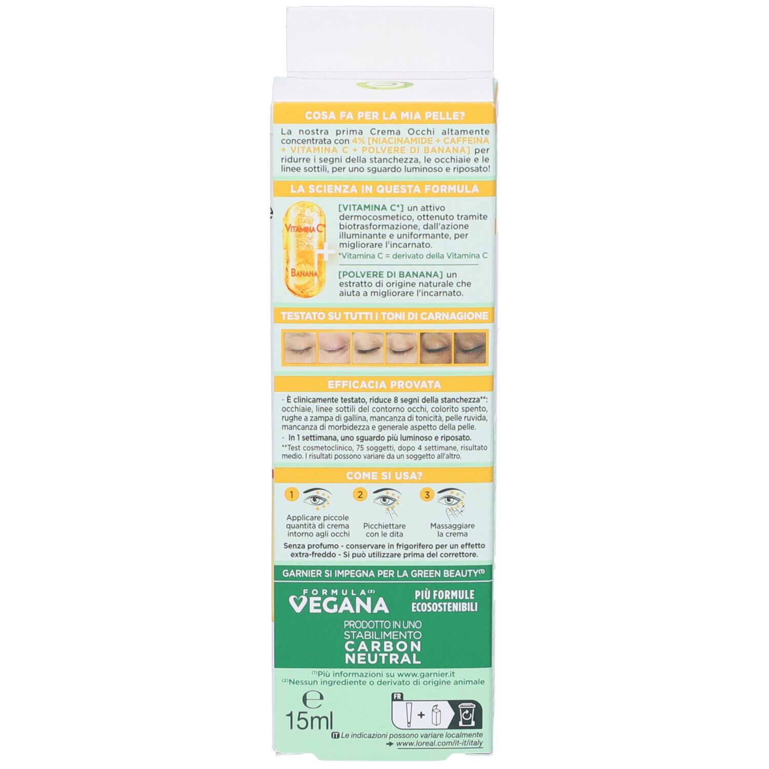 Retro della confezione. Informazioni sul prodotto e istruzioni per l'uso. Indicazioni vegane e di sostenibilità.