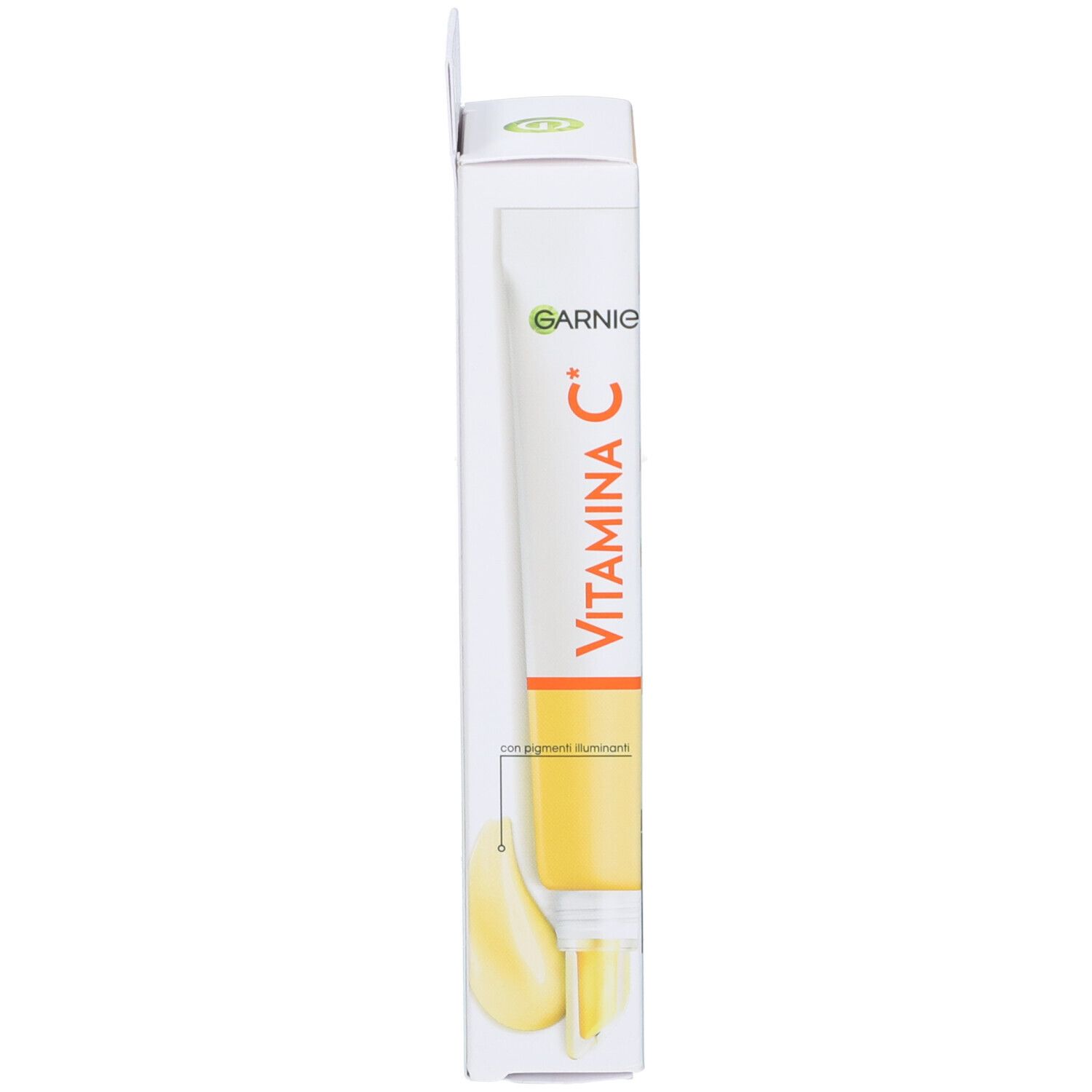 Confezione con prodotto e illustrazione. Garnier Vitamin C Contorno Occhi Illuminante. Illustrazione del prodotto.