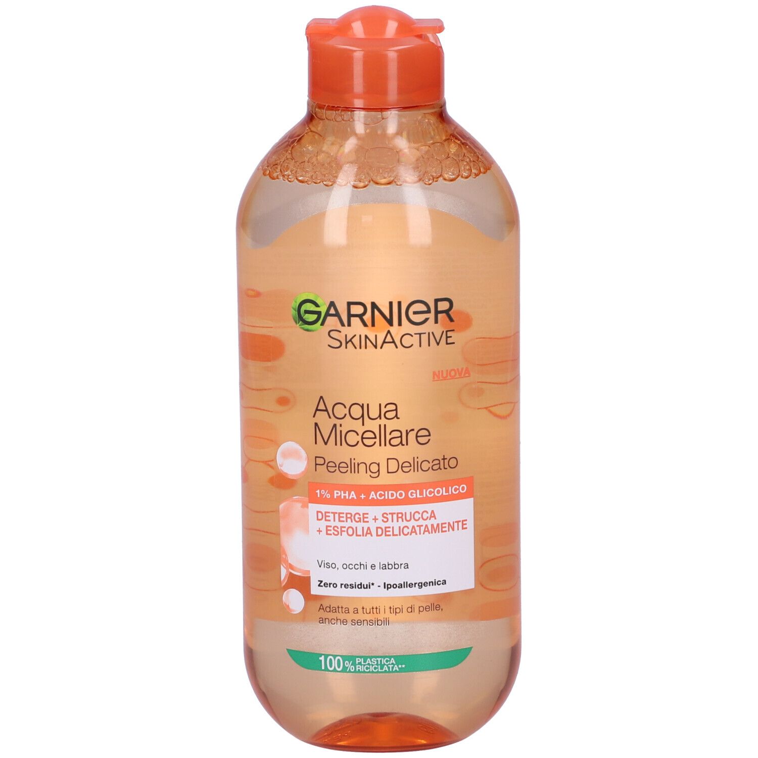 Flacone con tappo arancione. Scritta: Garnier SkinActive Acqua Micellare Peeling Delicato.