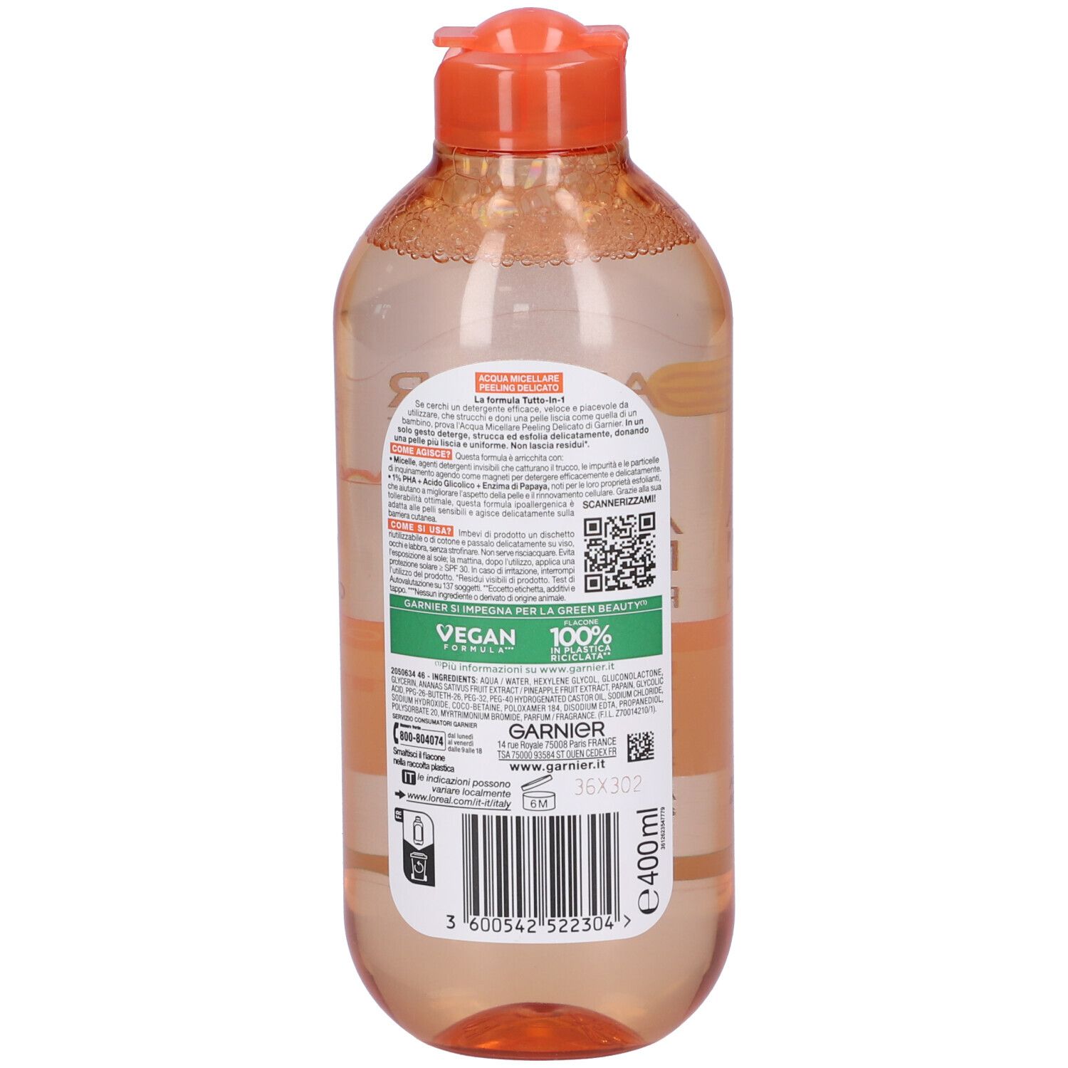 Retro del flacone. Scritta: Garnier, Vegan, 100% plastica riciclata, codice a barre.