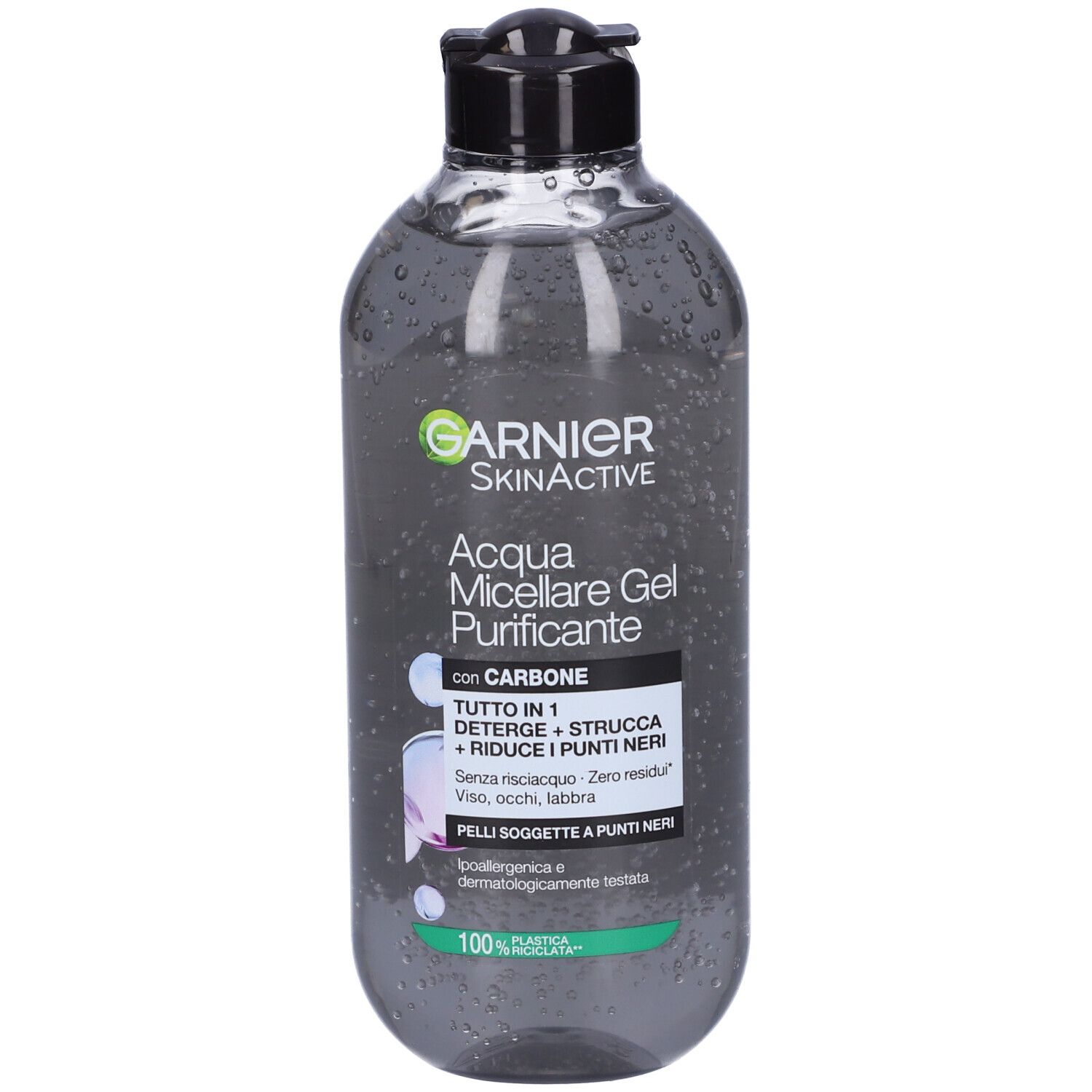 Garnier SkinActive Acqua Micellare Gel Purificante con carbone. Flacone trasparente, tappo nero. Testo: 'TUTTO IN 1'.