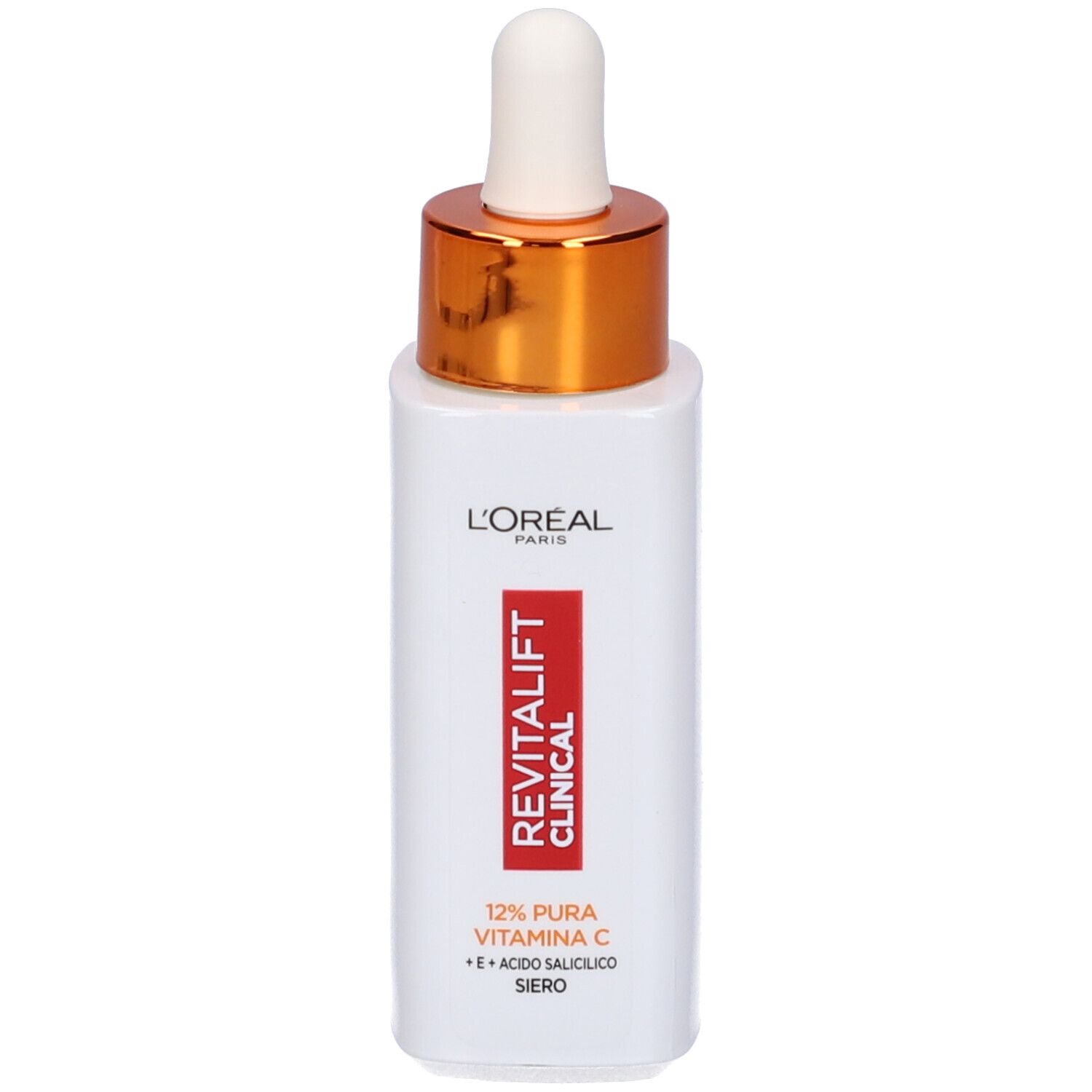 Flacone di siero bianco con tappo dorato e contagocce. Scritte: L'Oréal, Revitalift Clinical, 12% Vitamina C.