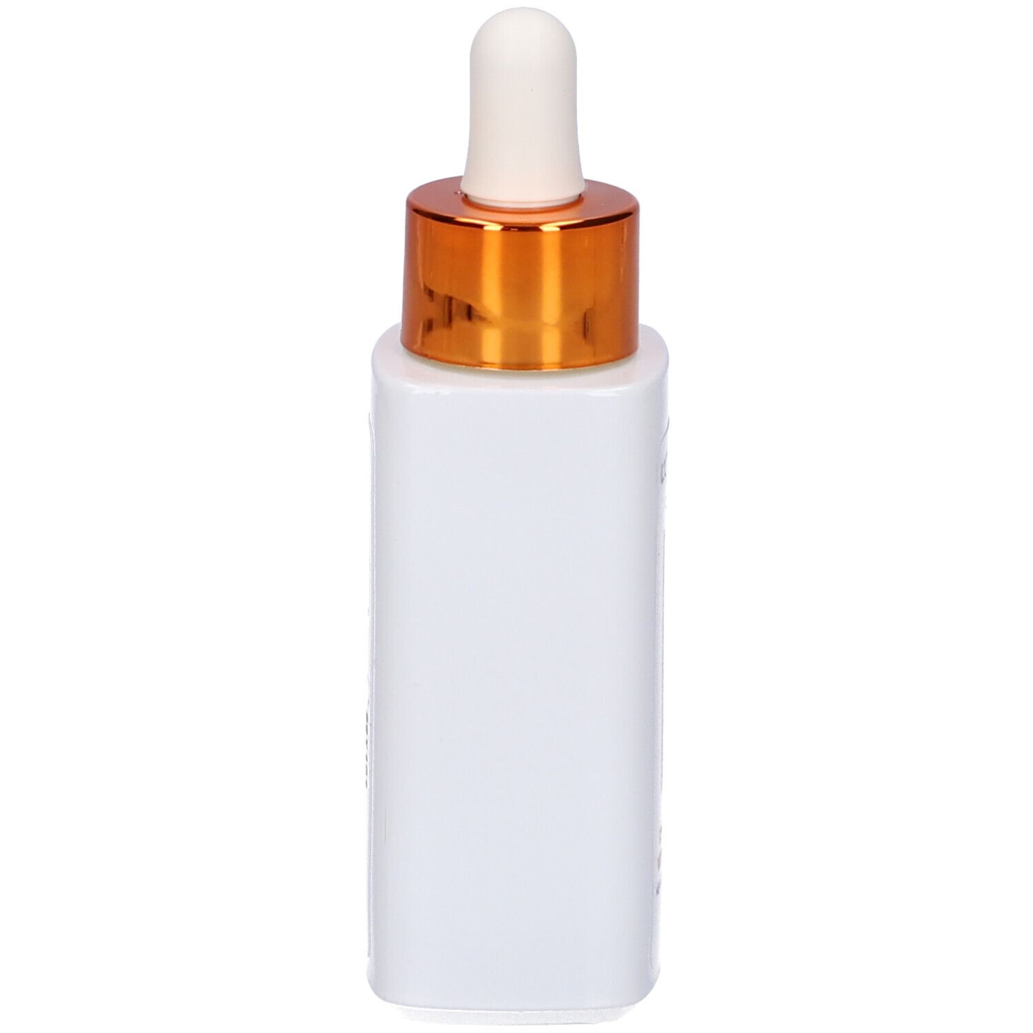 Flacone di siero bianco con tappo dorato e contagocce. Nessuna scritta visibile.