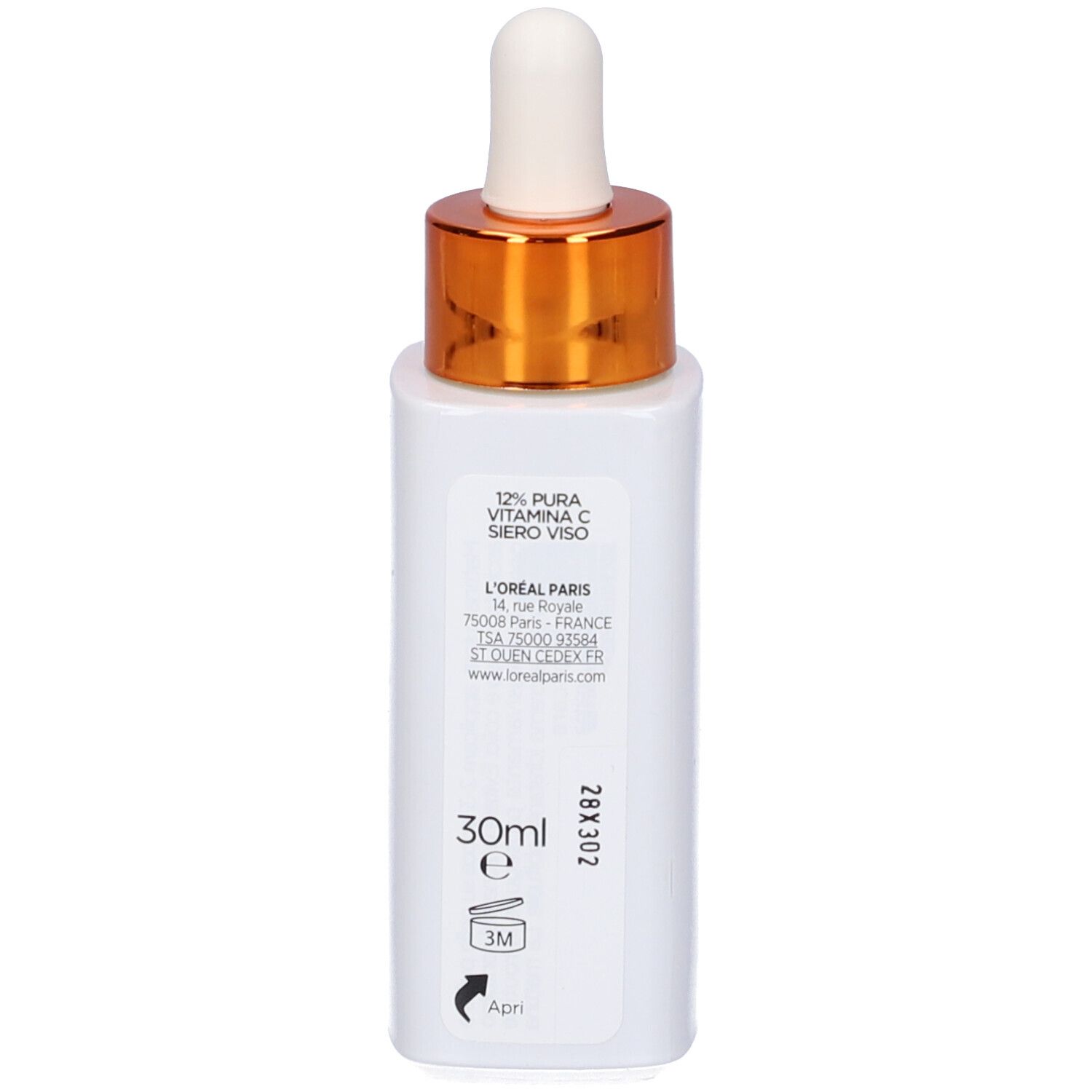 Flacone di siero bianco con tappo dorato e contagocce. Scritte: L'Oréal, 30ml, 12% Vitamina C.