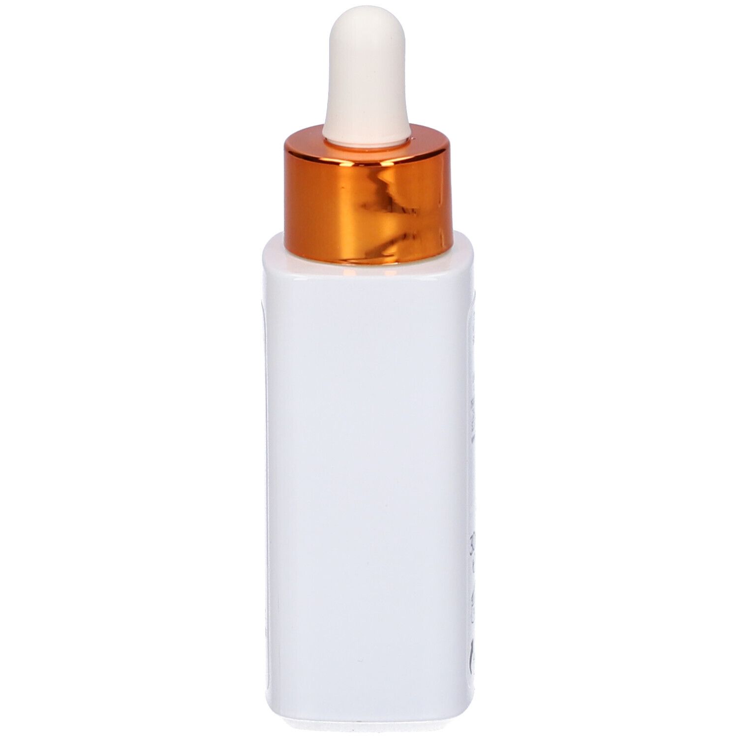 Flacone di siero bianco con tappo dorato e contagocce. Nessuna scritta visibile.