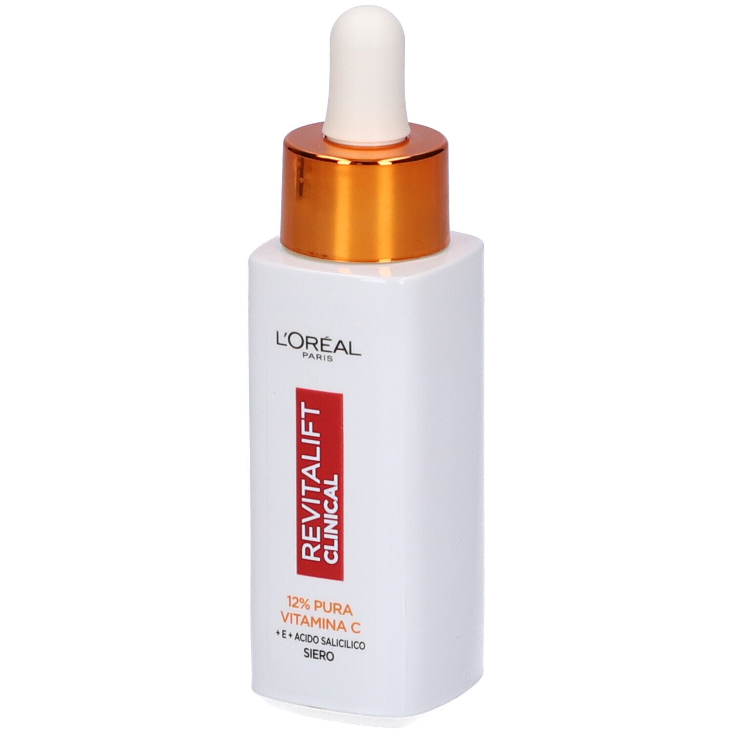 Flacone di siero bianco con tappo dorato e contagocce. Scritte: L'Oréal, Revitalift Clinical, 12% Vitamina C.