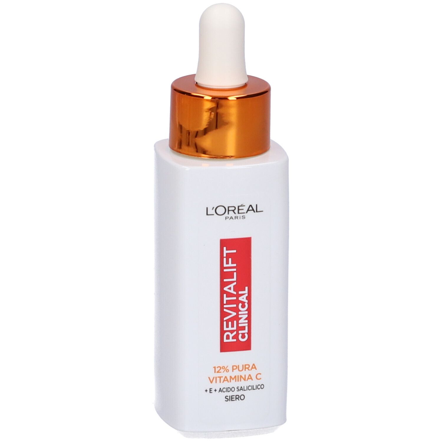 Flacone di siero bianco con tappo dorato e contagocce. Scritte: L'Oréal, Revitalift Clinical, 12% Vitamina C.