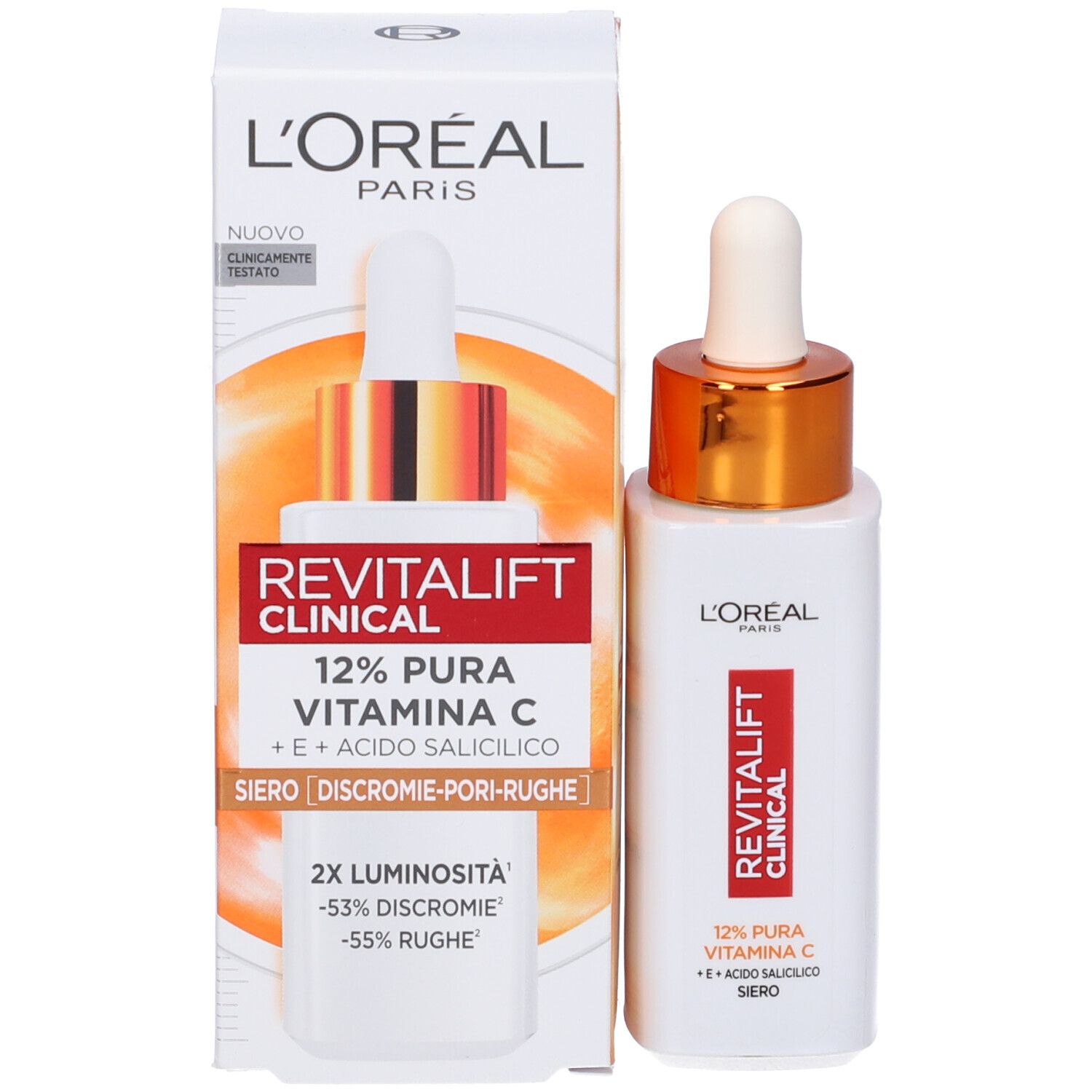 Confezione del prodotto e flacone di siero. Scritte: L'Oréal, Revitalift Clinical, 12% Vitamina C. Con scatola.