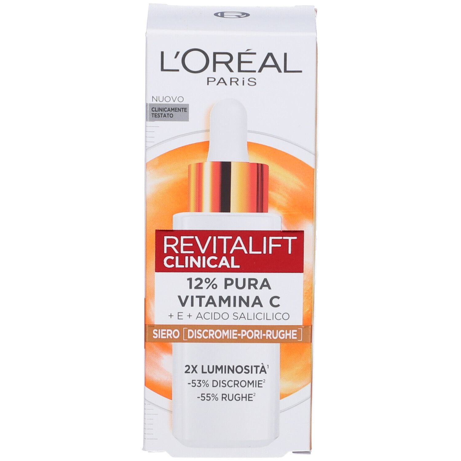 Confezione del prodotto e flacone di siero. Scritte: L'Oréal, Revitalift Clinical, 12% Vitamina C. Con scatola.