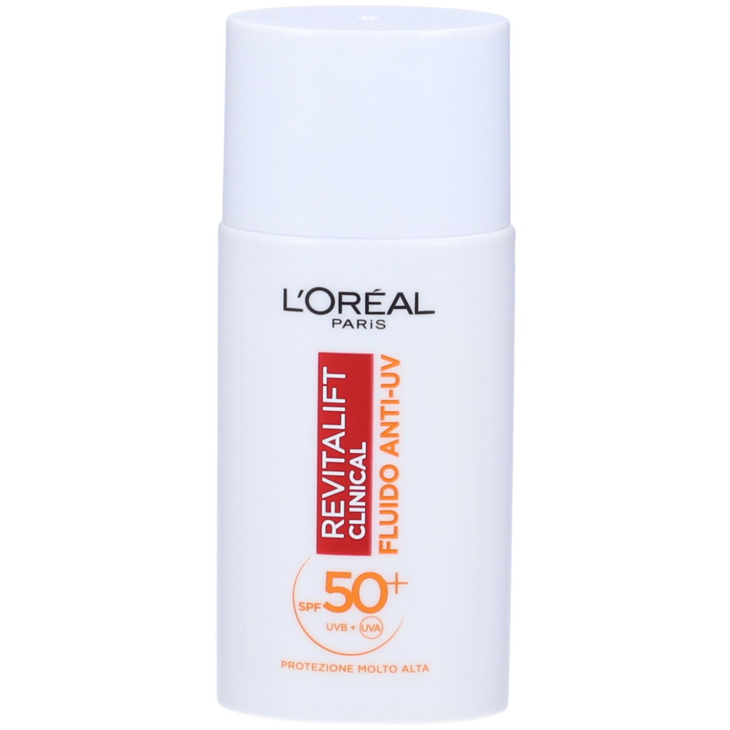 Flacone bianco con testo rosso e arancione. L'Oréal Paris Revitalift Clinical Fluido Anti-UV SPF50+.