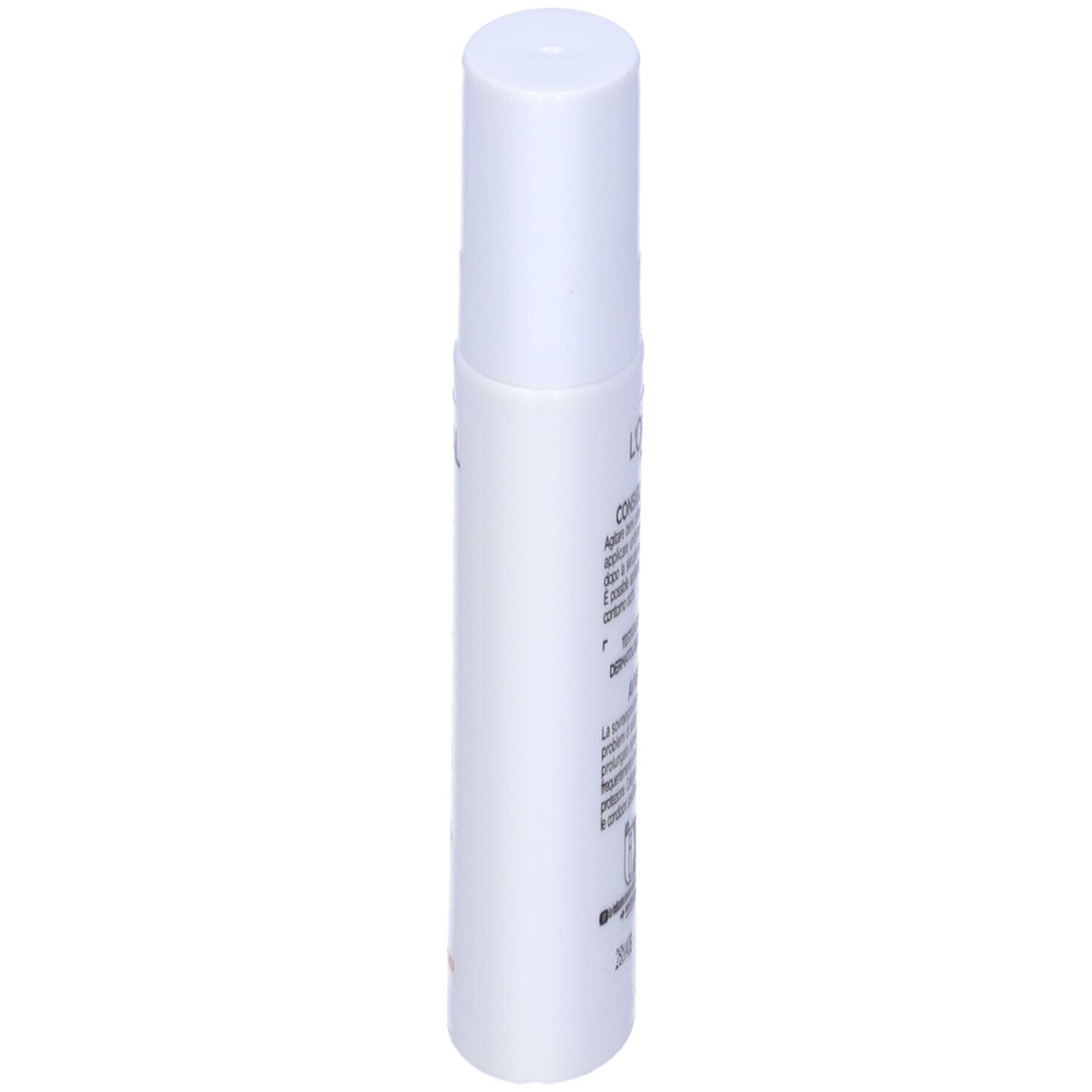 Flacone bianco, vista laterale. Testo sul flacone. L'Oréal Paris Revitalift Clinical Fluido Anti-UV SPF50+.