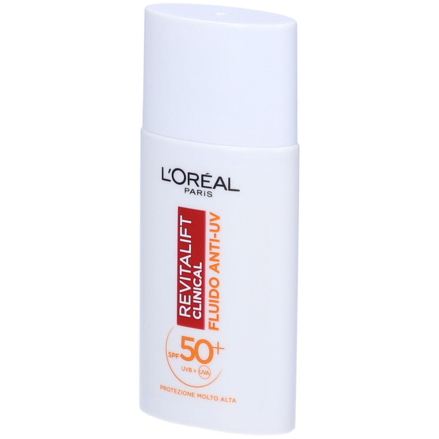 Flacone bianco con testo rosso e arancione. L'Oréal Paris Revitalift Clinical Fluido Anti-UV SPF50+.