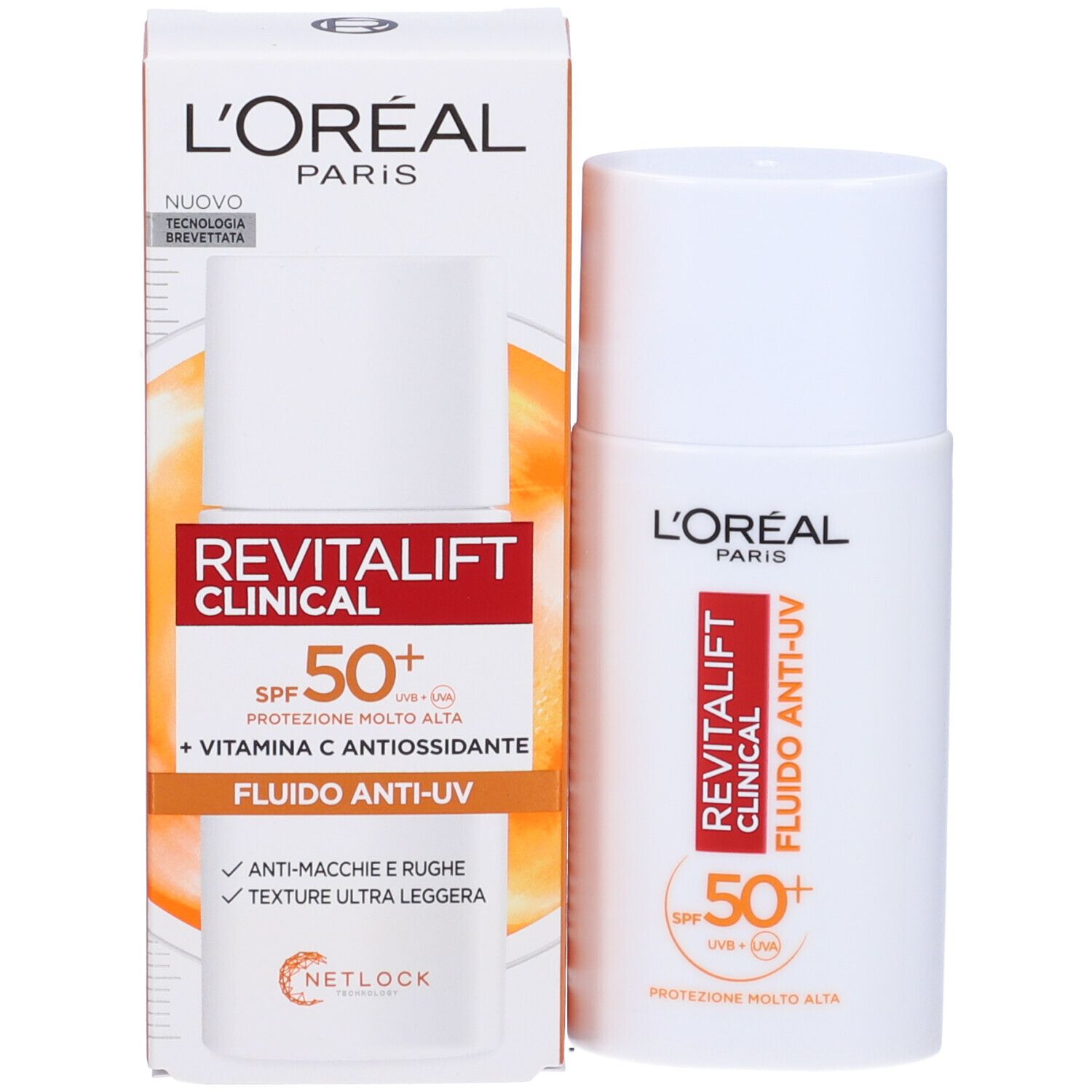 Confezione del prodotto con flacone. L'Oréal Paris Revitalift Clinical Fluido Anti-UV SPF50+ e confezione.