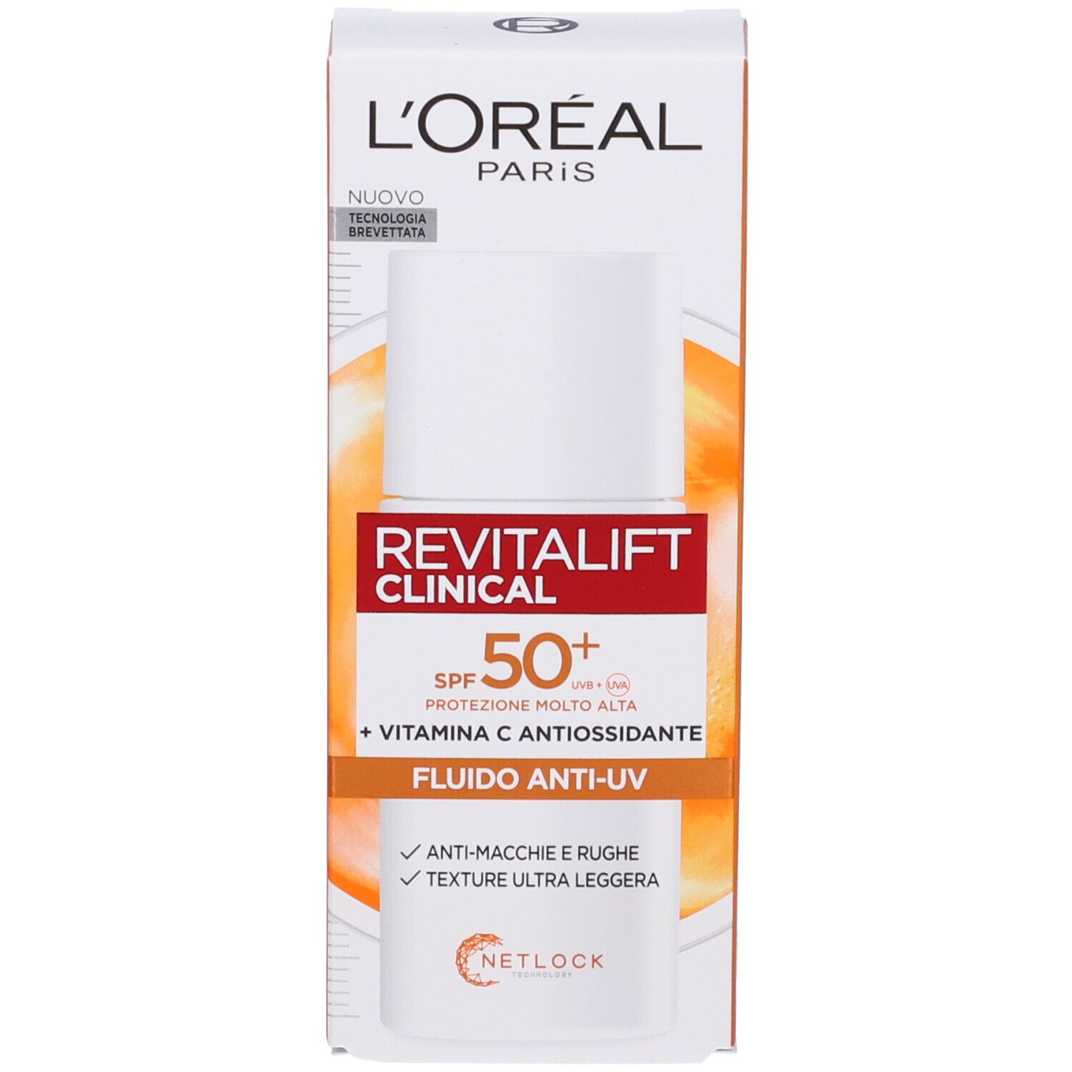 Confezione del prodotto con flacone. L'Oréal Paris Revitalift Clinical Fluido Anti-UV SPF50+ e confezione.