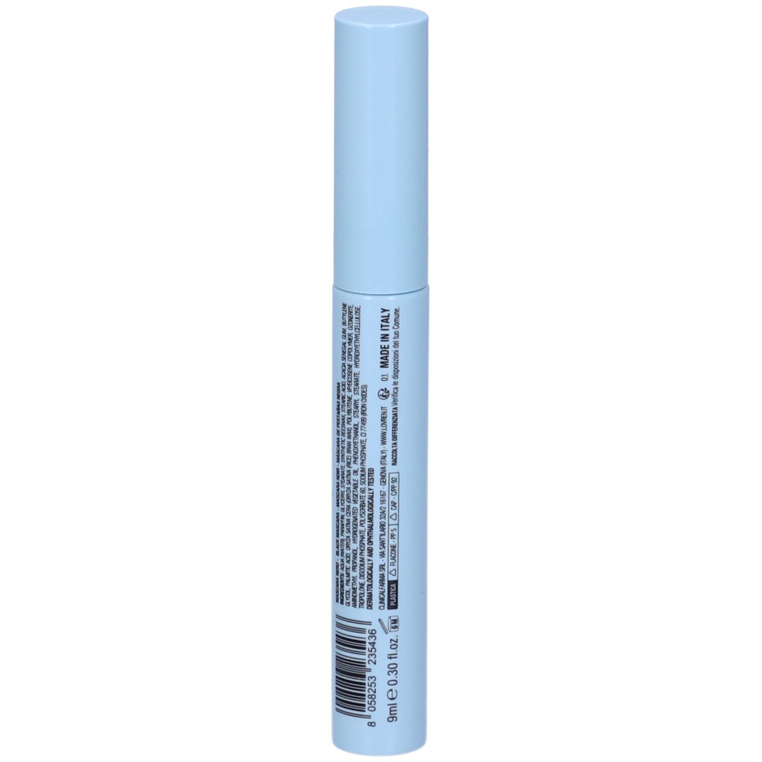 Hellblaue Mascarahülse mit Text und Barcode. Aufschrift: 9ml, 0.30 fl.oz. Hergestellt in Italien. Zylindrische Form.