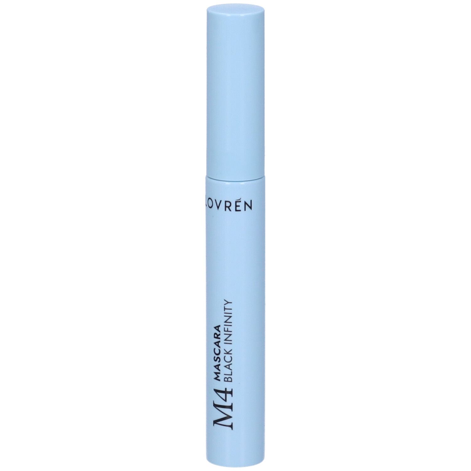 Hellblaue Mascarahülse mit schwarzer Schrift: Lovren M4 Mascara Black Infinity. Zylindrische Form mit Schraubverschluss.
