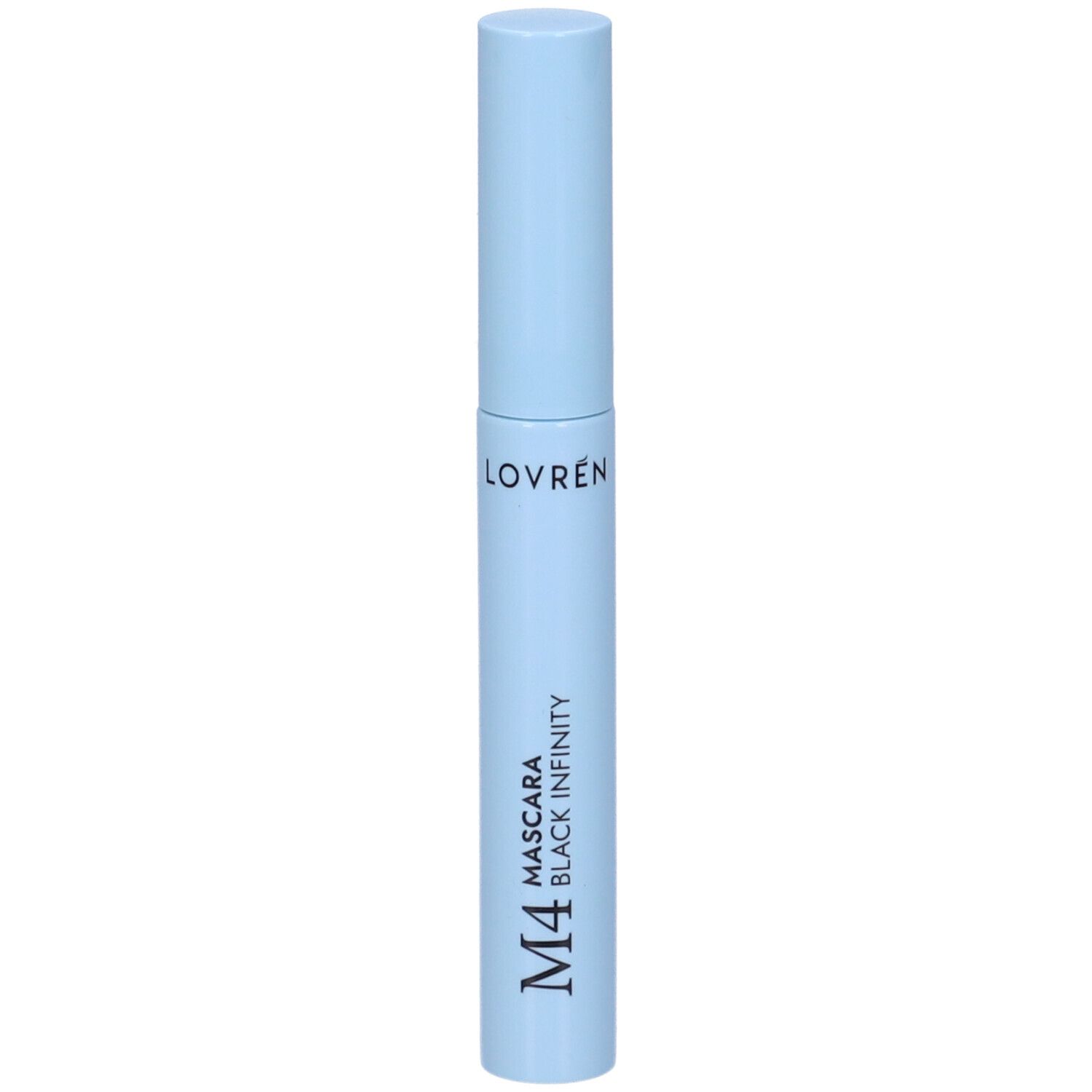 Hellblaue Mascarahülse mit schwarzer Schrift: Lovren M4 Mascara Black Infinity. Zylindrische Form mit Schraubverschluss.