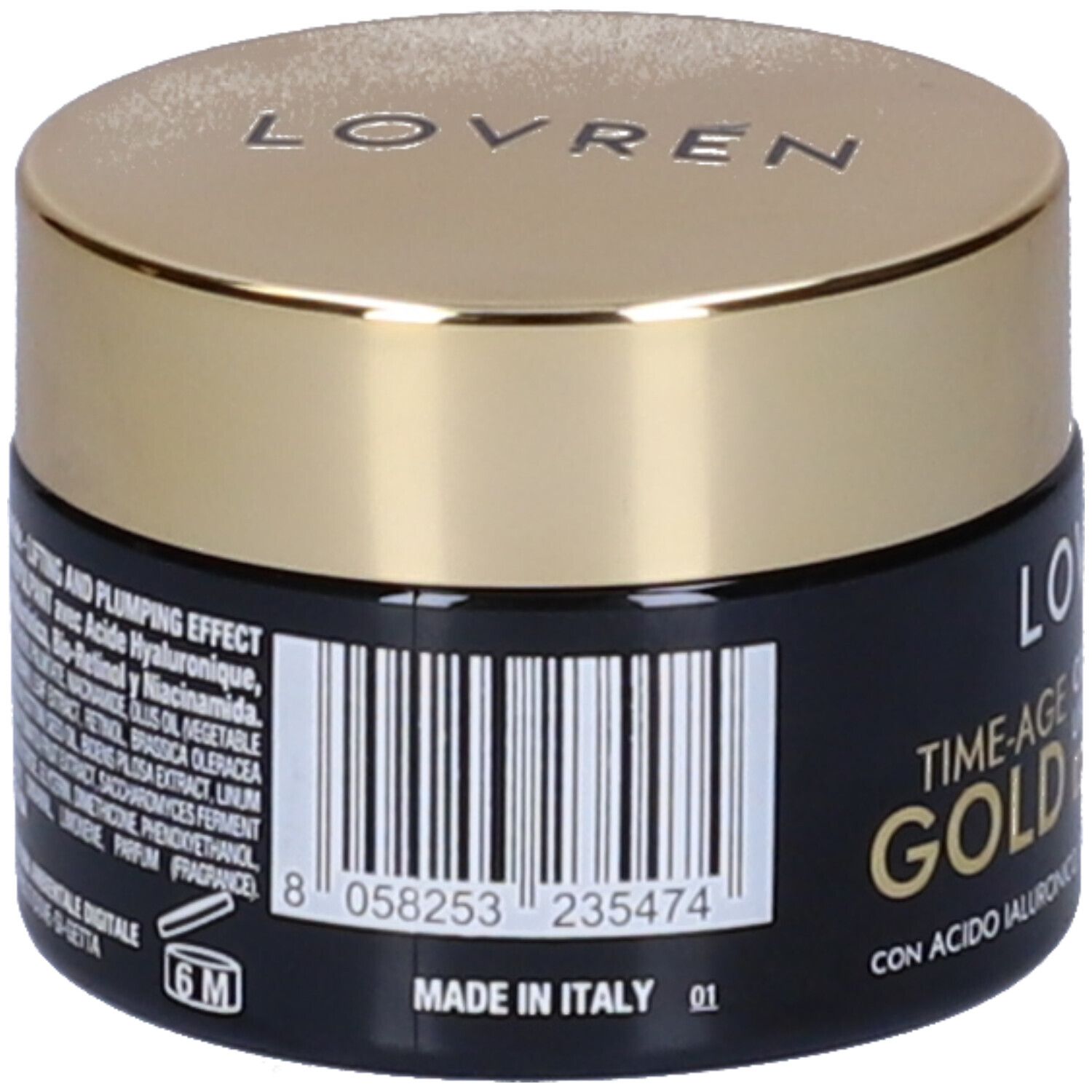 Dunkelblaue Creme-Dose mit goldenem Deckel. Rückseite mit Barcode, Inhaltsstoffen und Aufschrift: MADE IN ITALY.