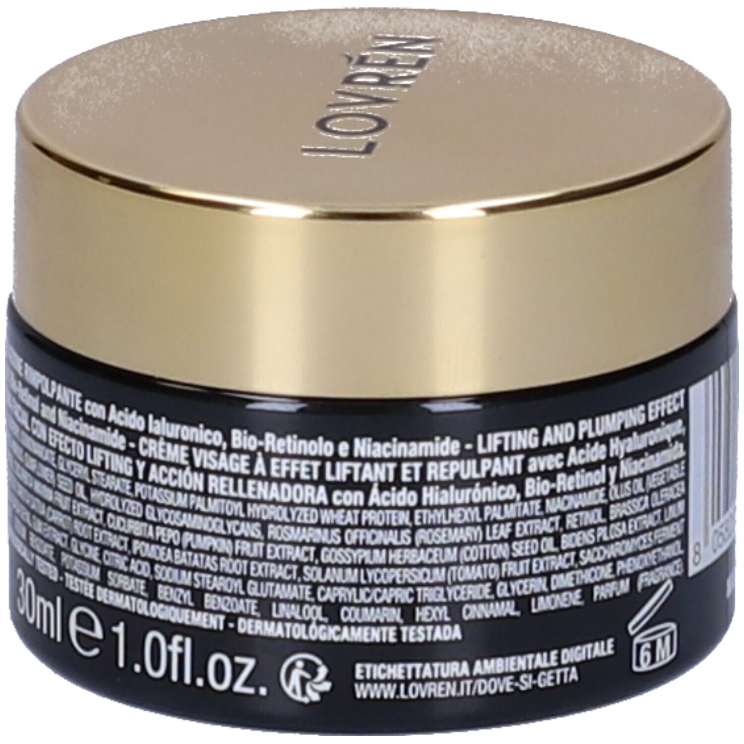 Dunkelblaue Creme-Dose mit goldenem Deckel. Aufschrift: LOVREN, TIME-AGE GOLD, CREMA VISAGE, EFFET LIFTANT ET REPULPANT.