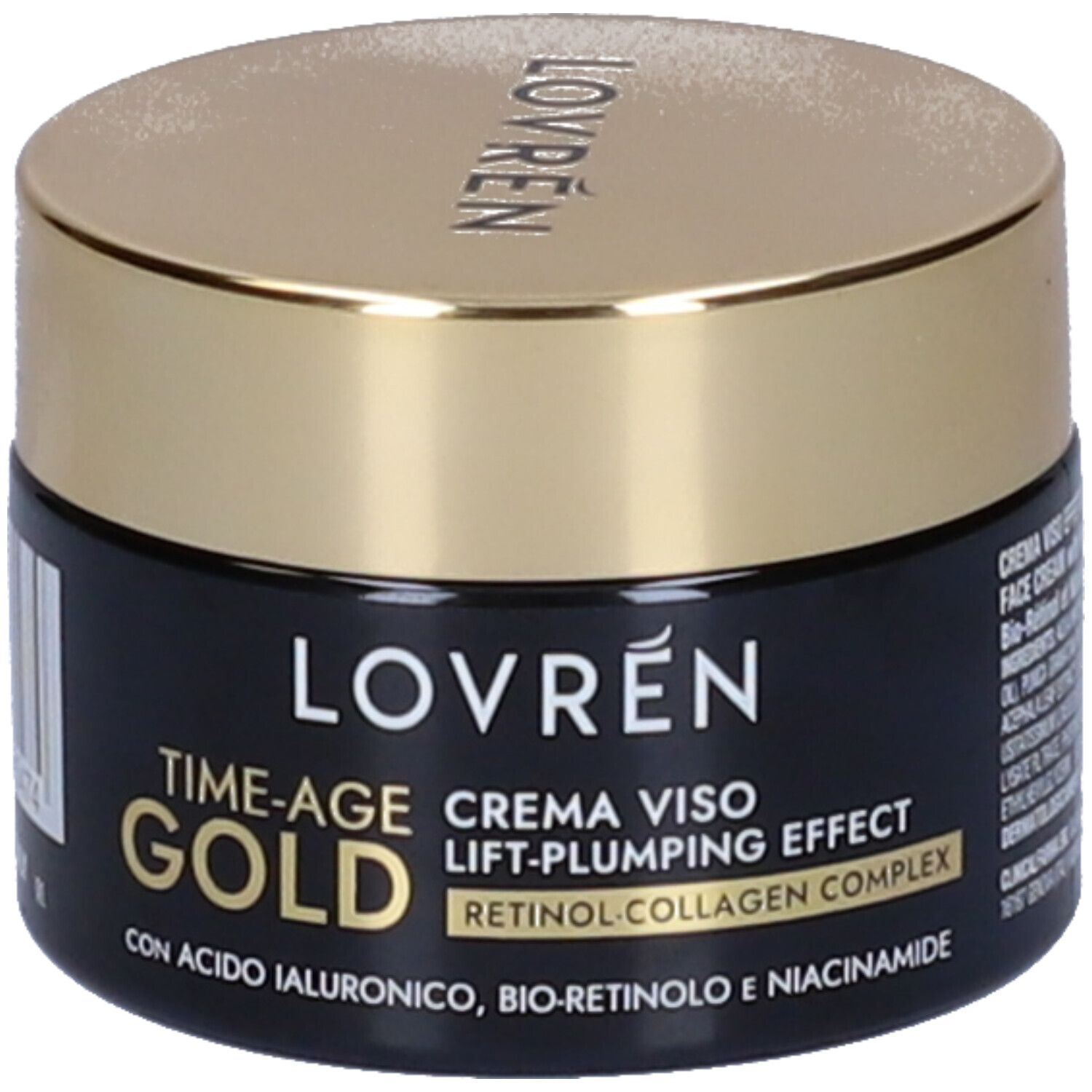 Dunkelblaue Creme-Dose mit goldenem Deckel. Aufschrift: LOVREN, TIME-AGE GOLD, CREMA VISO, LIFT-PLUMPING EFFECT, RETINOL-COLLAGEN COMPLEX.