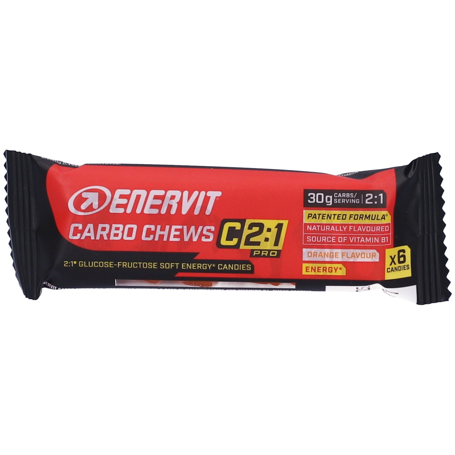 Barretta in confezione rossa e nera. Contiene "Enervit Carbo Chews C2:1 PRO". Gusto arancia. 6 caramelle.