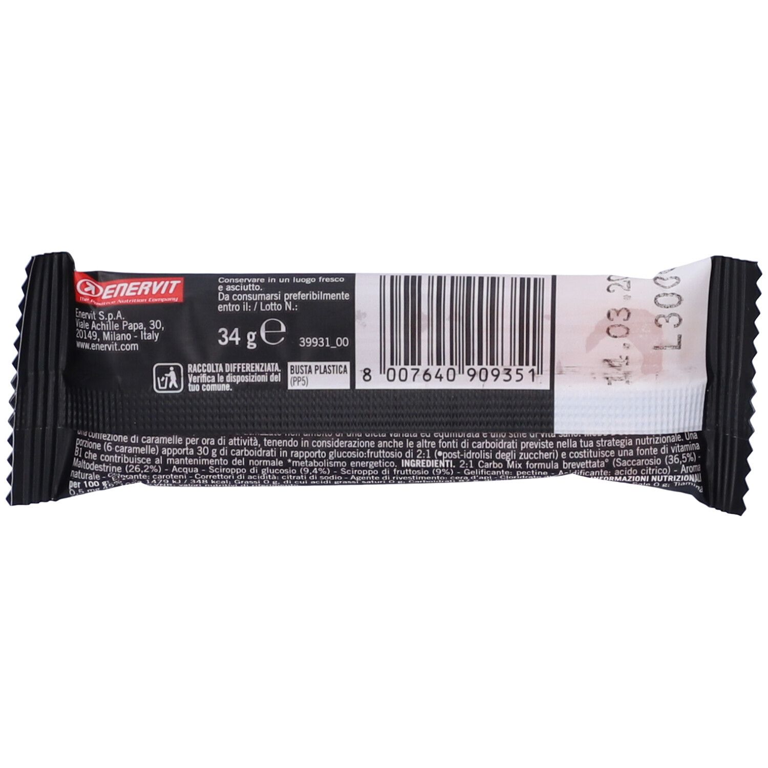 Retro della confezione. Contiene informazioni sugli ingredienti e sul produttore. Peso: 34g.