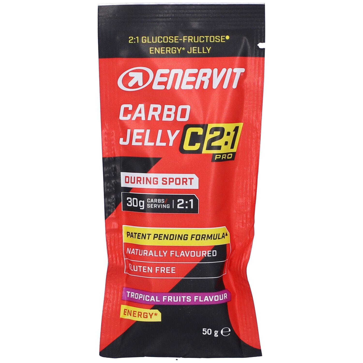 Enervit Carbo Jelly C2:1 PRO. Rote Verpackung, Produktname und Angaben. Glutenfrei, Geschmacksrichtung: Tropische Früchte. 50g.