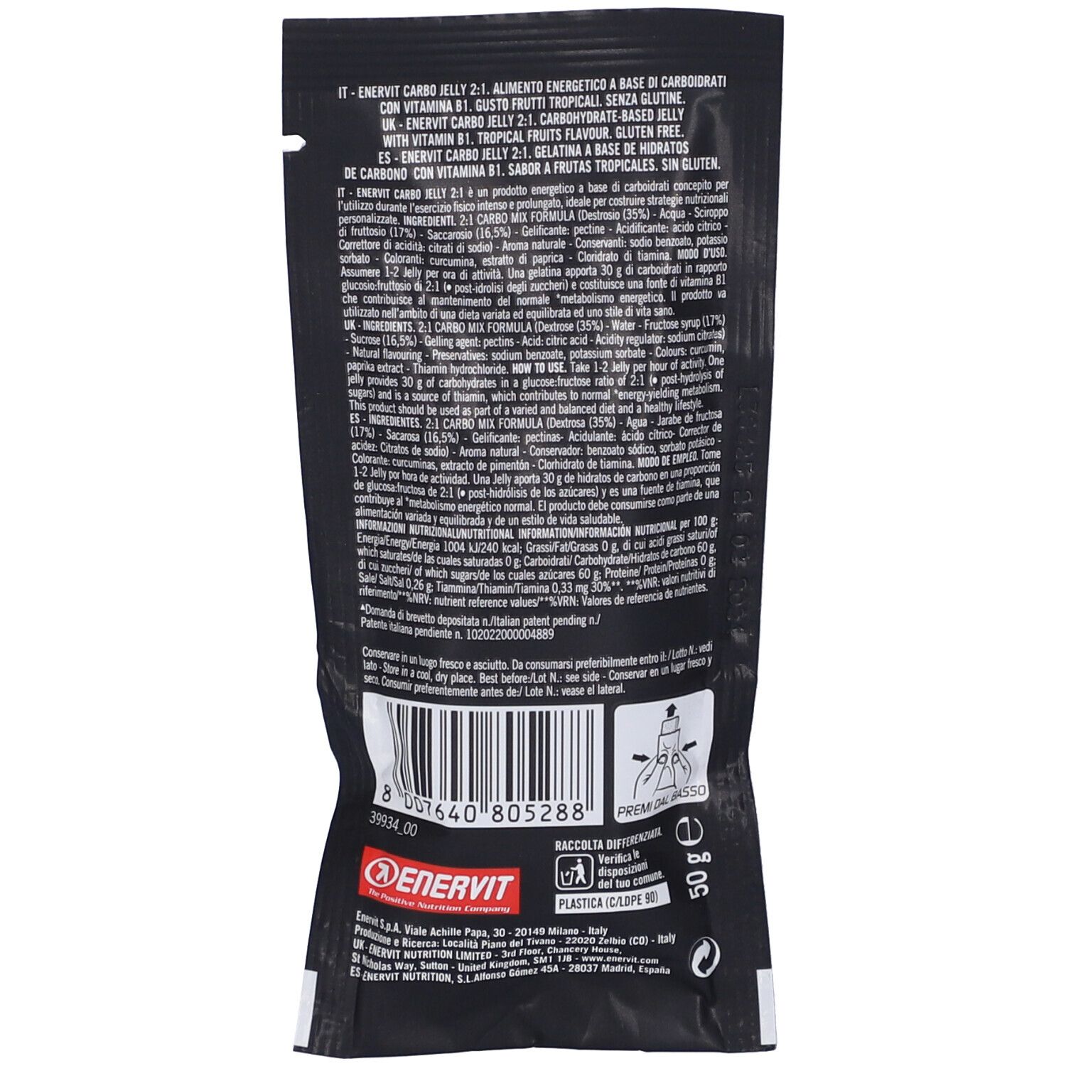 Rückseite der Enervit Carbo Jelly C2:1 PRO Verpackung. Text in mehreren Sprachen. Enthält Nährwertangaben und Herstellerinformationen. 50g.