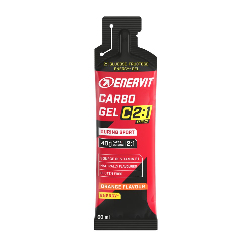 Busta di gel rossa con nome e logo del prodotto. Contiene 40g di carboidrati. Gusto arancia. Senza glutine.