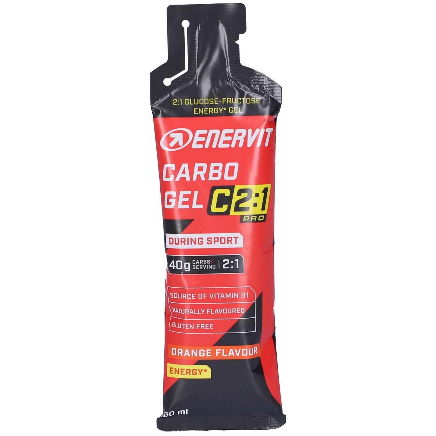 Busta di gel rossa con nome e logo del prodotto. Contiene 40g di carboidrati. Gusto arancia. Senza glutine.