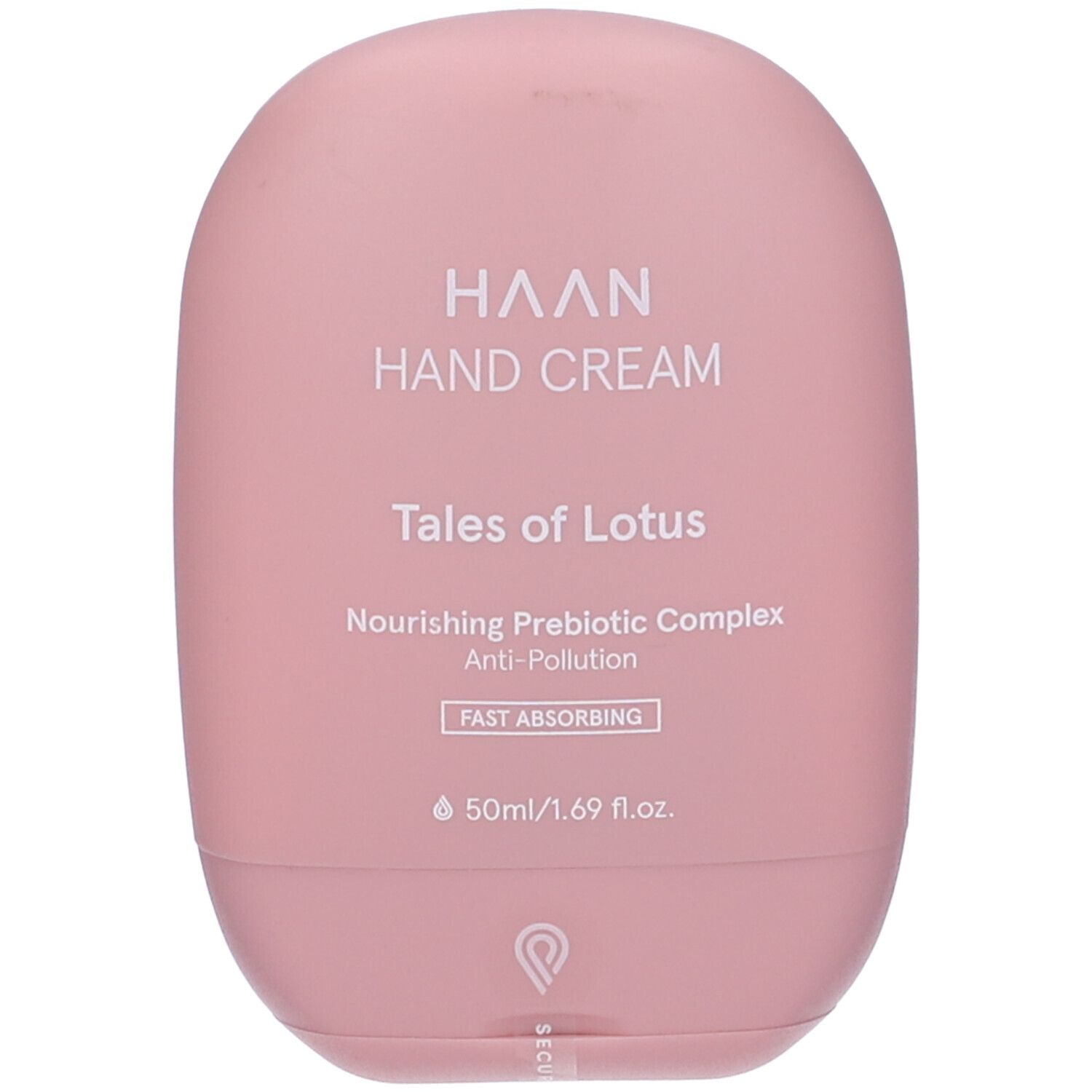 Tubo rosa di crema mani. Scritta: Haan, Hand Cream, Tales of Lotus. Contiene 50ml/1.69 fl.oz.