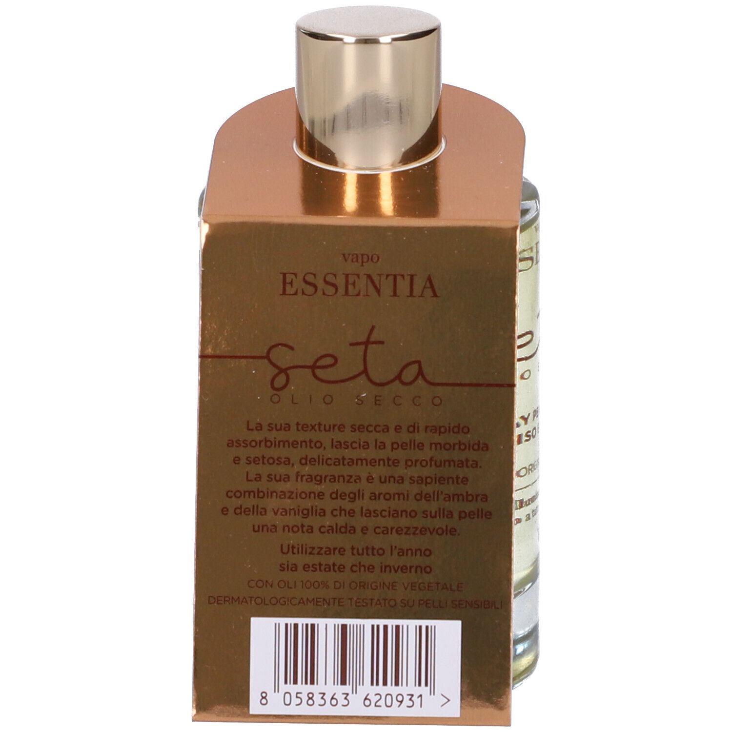 Rückseite der Flasche mit Etikett. Aufschrift: Vapo Essentia Seta Olio Secco. Text über die Eigenschaften. Barcode.