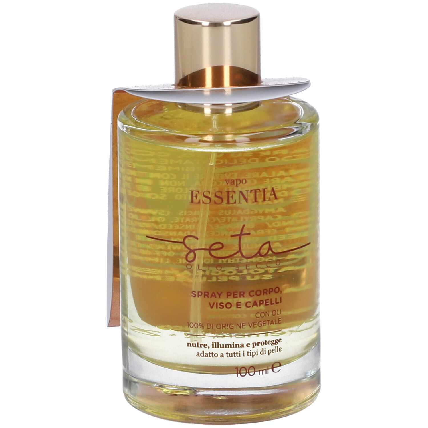 Glasflasche mit goldfarbenem Verschluss und Etikett. Aufschrift: Vapo Essentia Seta. Spray für Körper, Gesicht und Haare. 100 ml.