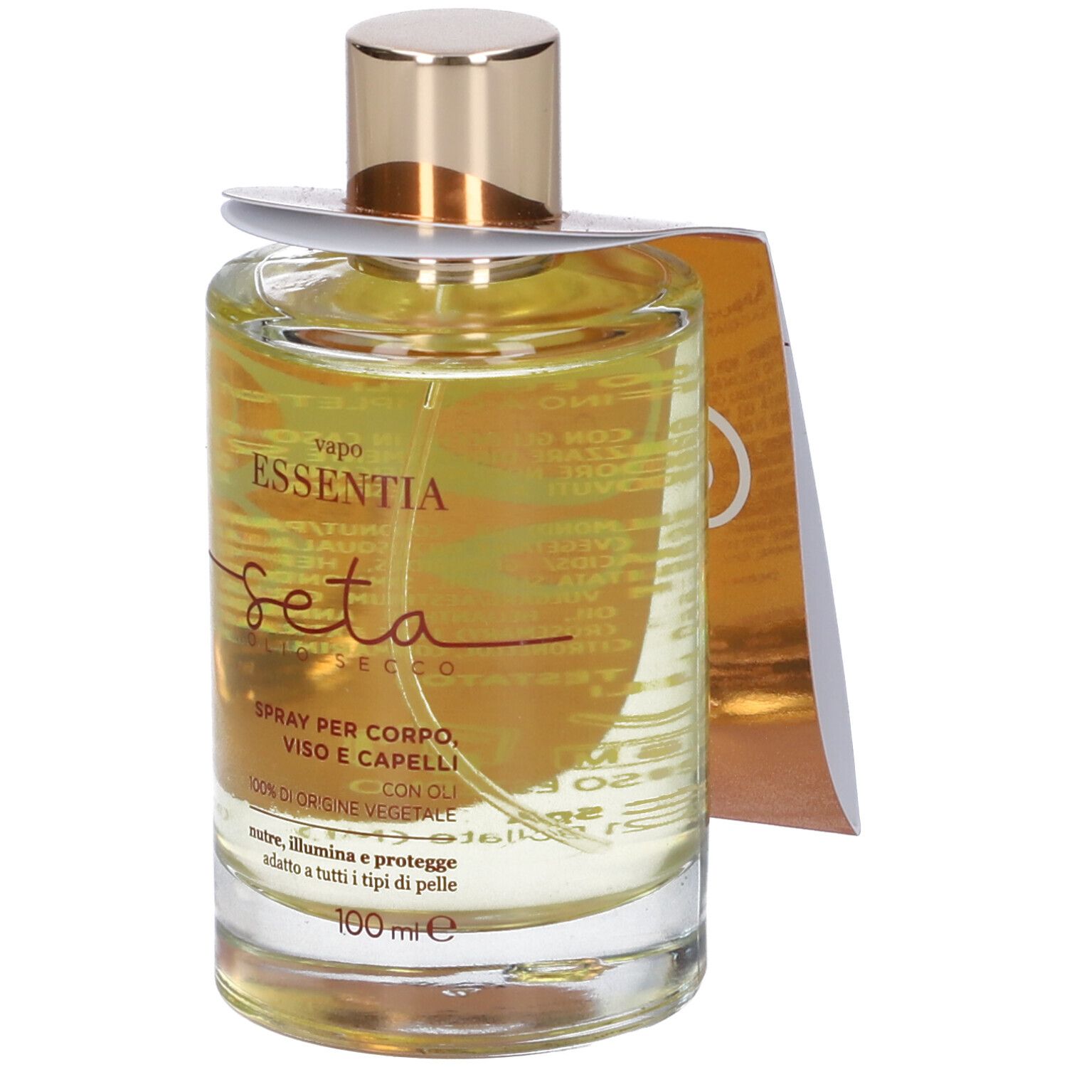 Glasflasche mit goldfarbenem Verschluss und Etikett. Aufschrift: Vapo Essentia Seta. Spray für Körper, Gesicht und Haare. 100 ml.