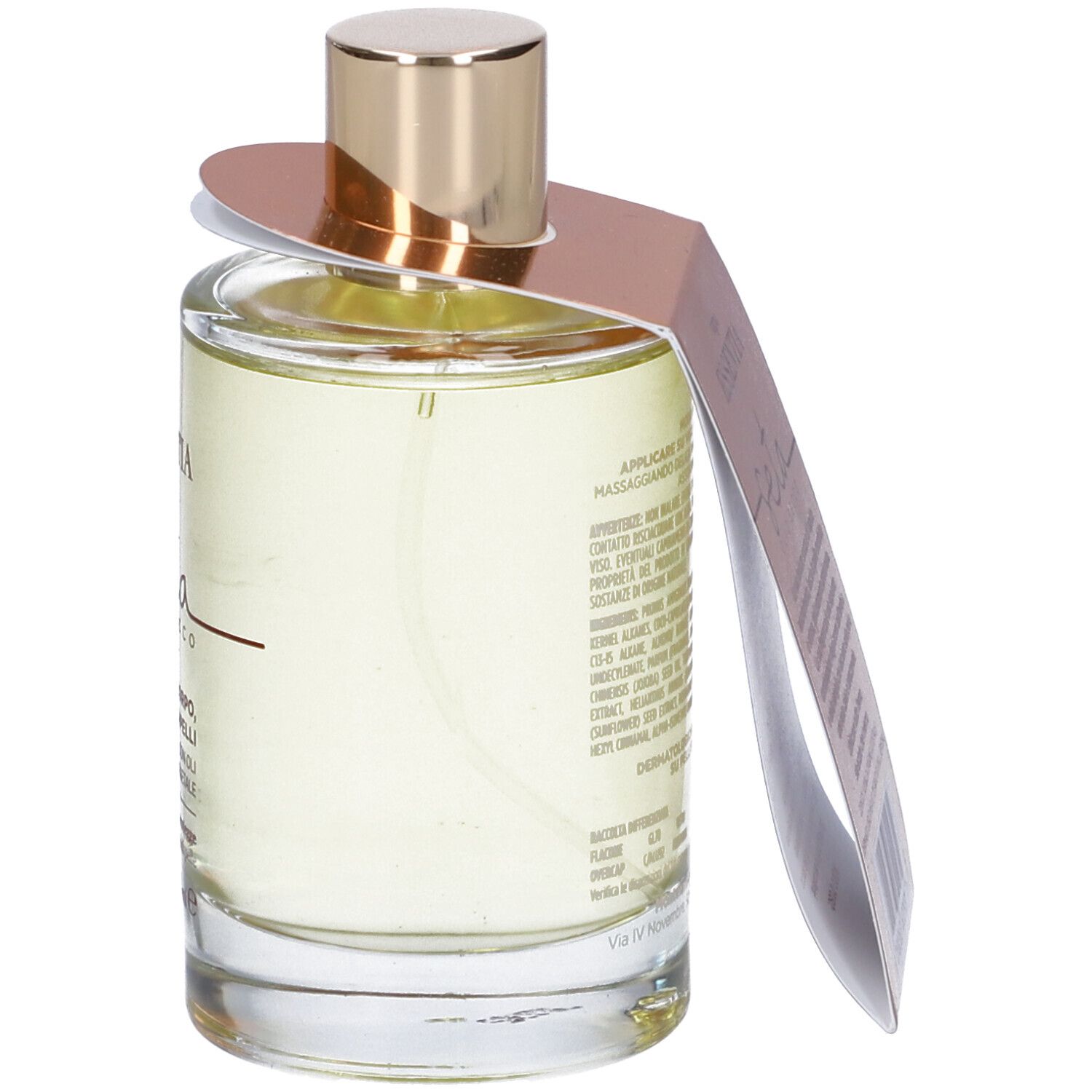 Glasflasche mit goldfarbenem Verschluss und Etikett. Aufschrift: Vapo Essentia Seta. Text auf dem Etikett.
