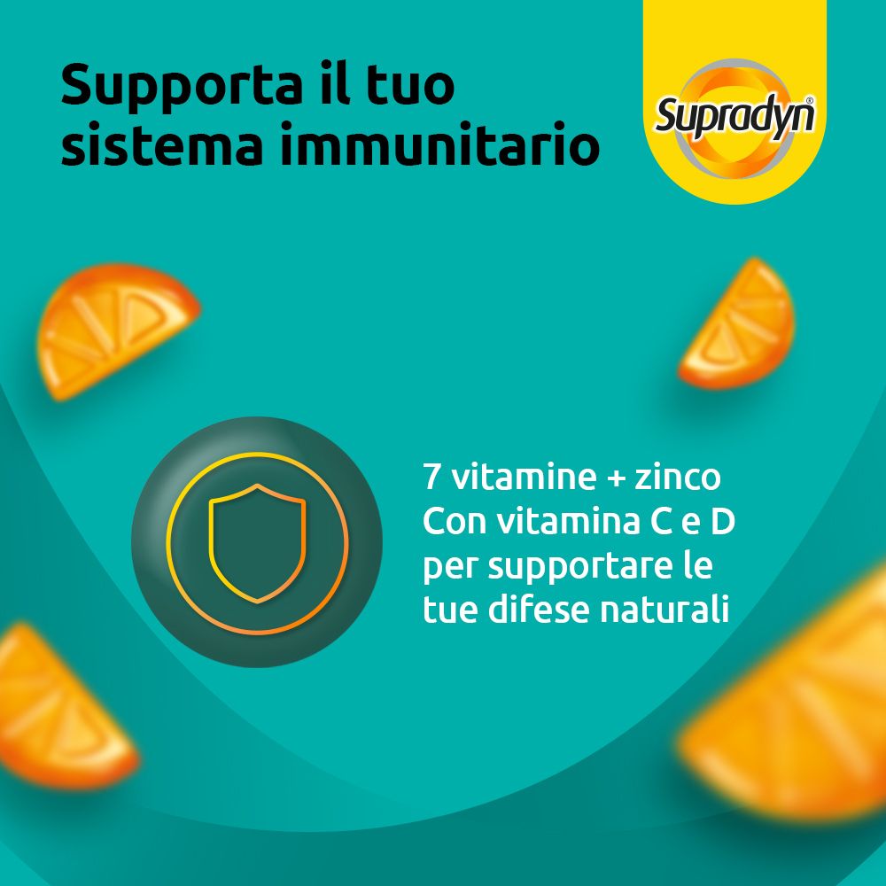 Text: Unterstützt Ihr Immunsystem. 7 Vitamine + Zink. Mit Vitamin C und D für natürliche Abwehrkräfte.