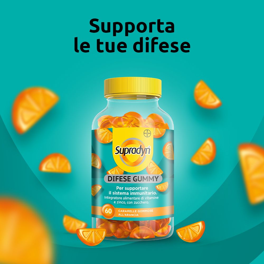 Produktflasche mit Text: Unterstützt die Abwehrkräfte. Mit Orangen-Motiven.
