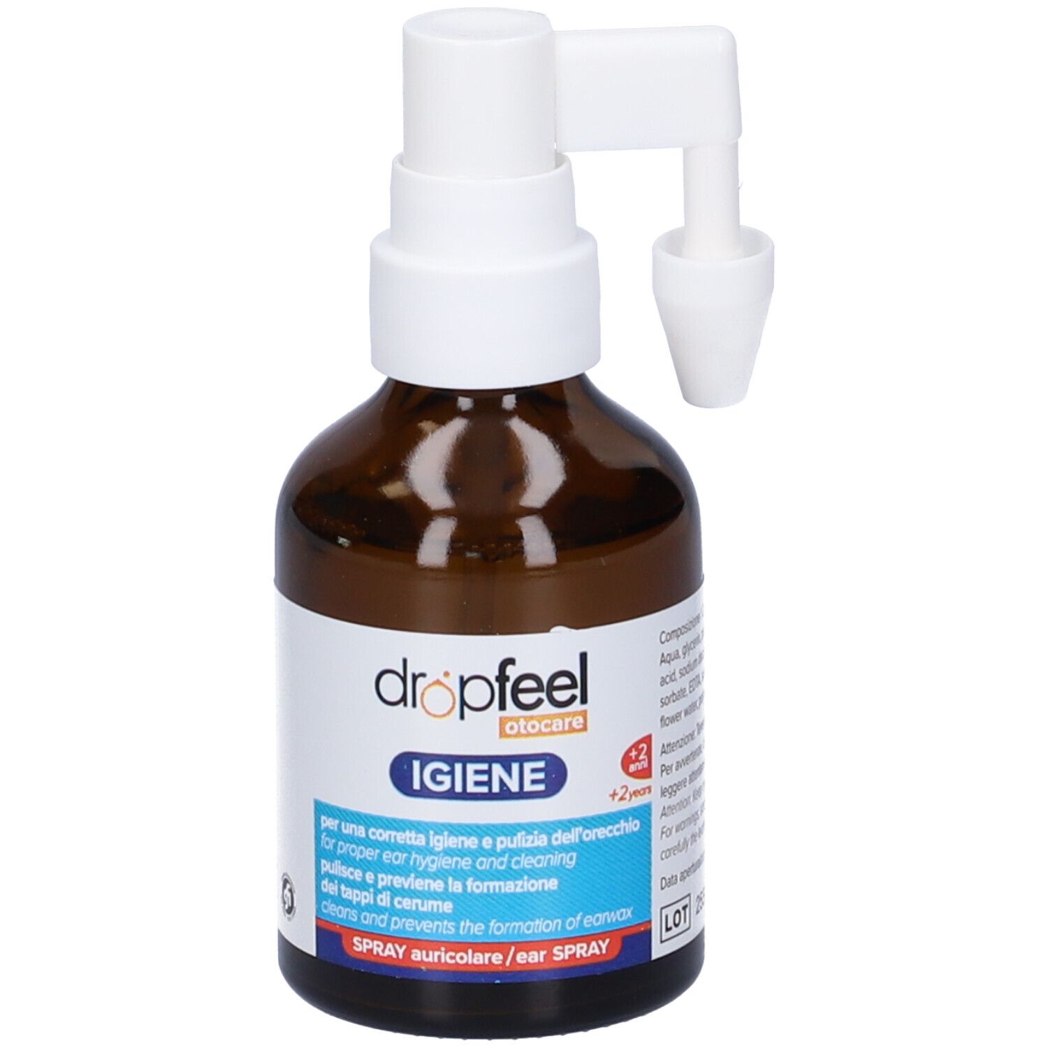 Flacone marrone con erogatore e applicatore bianchi. Scritta: Dropfeel Igiene, spray auricolare.