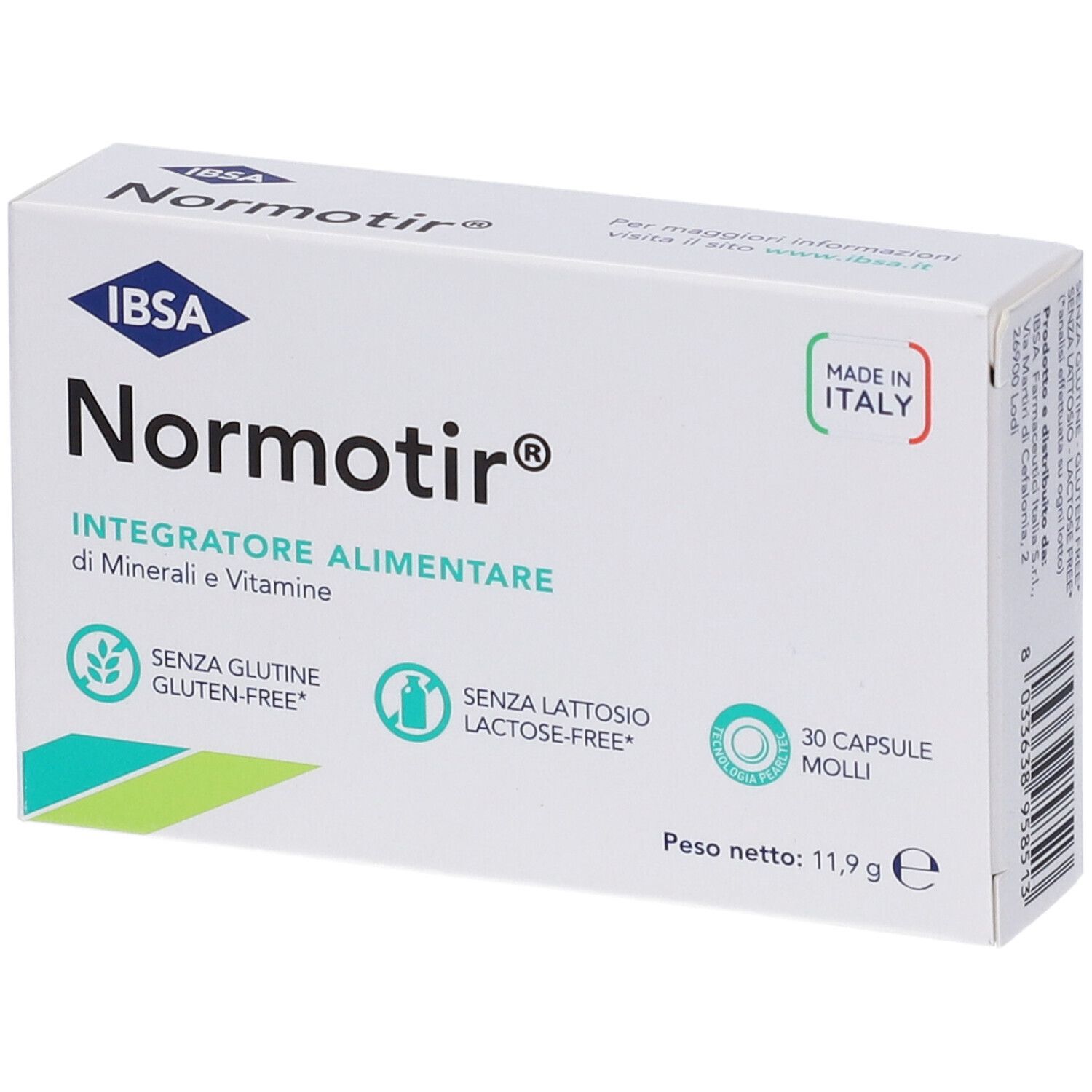Scatola bianca "Normotir", 30 capsule. Simboli senza glutine e lattosio. Prodotto in Italia. Peso netto 11,9 g.