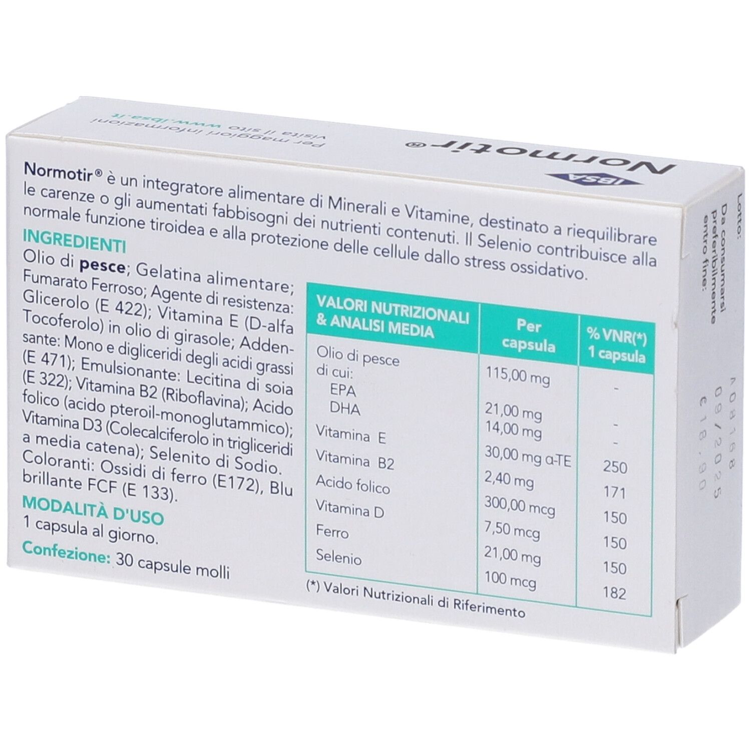 Retro scatola "Normotir". Ingredienti, informazioni nutrizionali e modalità d'uso: 1 capsula al giorno.