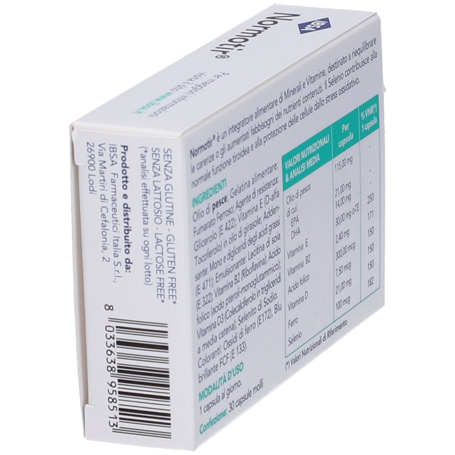Scatola "Normotir" con ingredienti e informazioni nutrizionali. Indirizzo produttore e codice a barre.